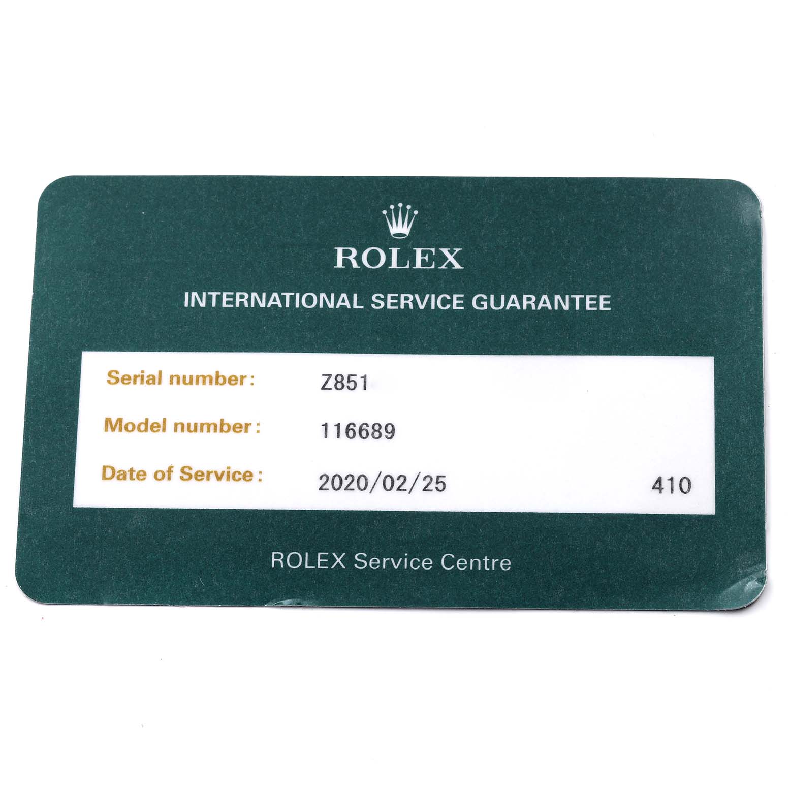 The image is a flat, top-down view of a Rolex Yacht-Master 116689 Men
s White Gold White Dial 116689 Men
s White Gold White Dial service guarantee card.