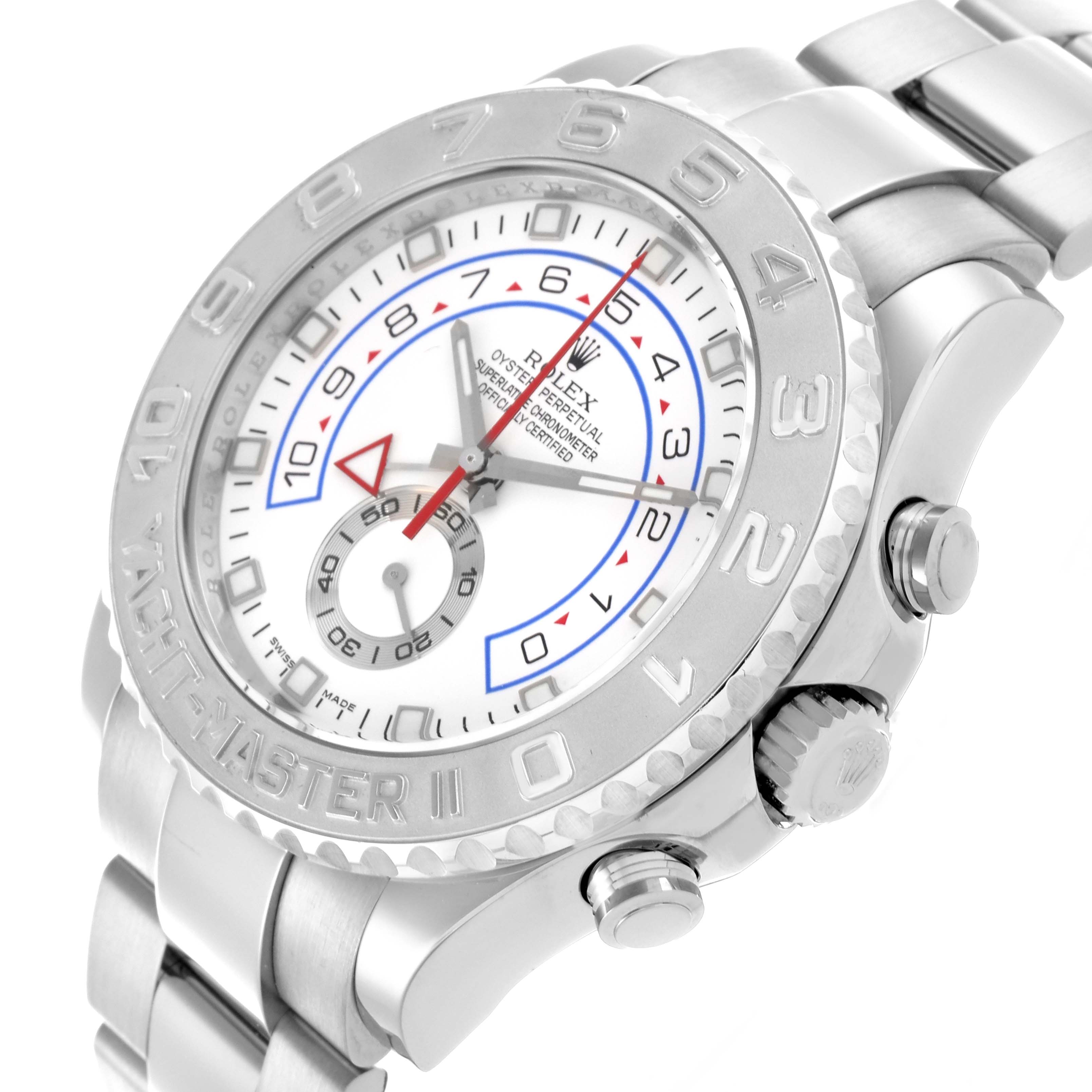 The Rolex Yacht-Master 116689 Men
s White Gold White Dial 116689 Men
s White Gold White Dial watch is shown at an angle highlighting the face, bezel, crown, and part of the bracelet.