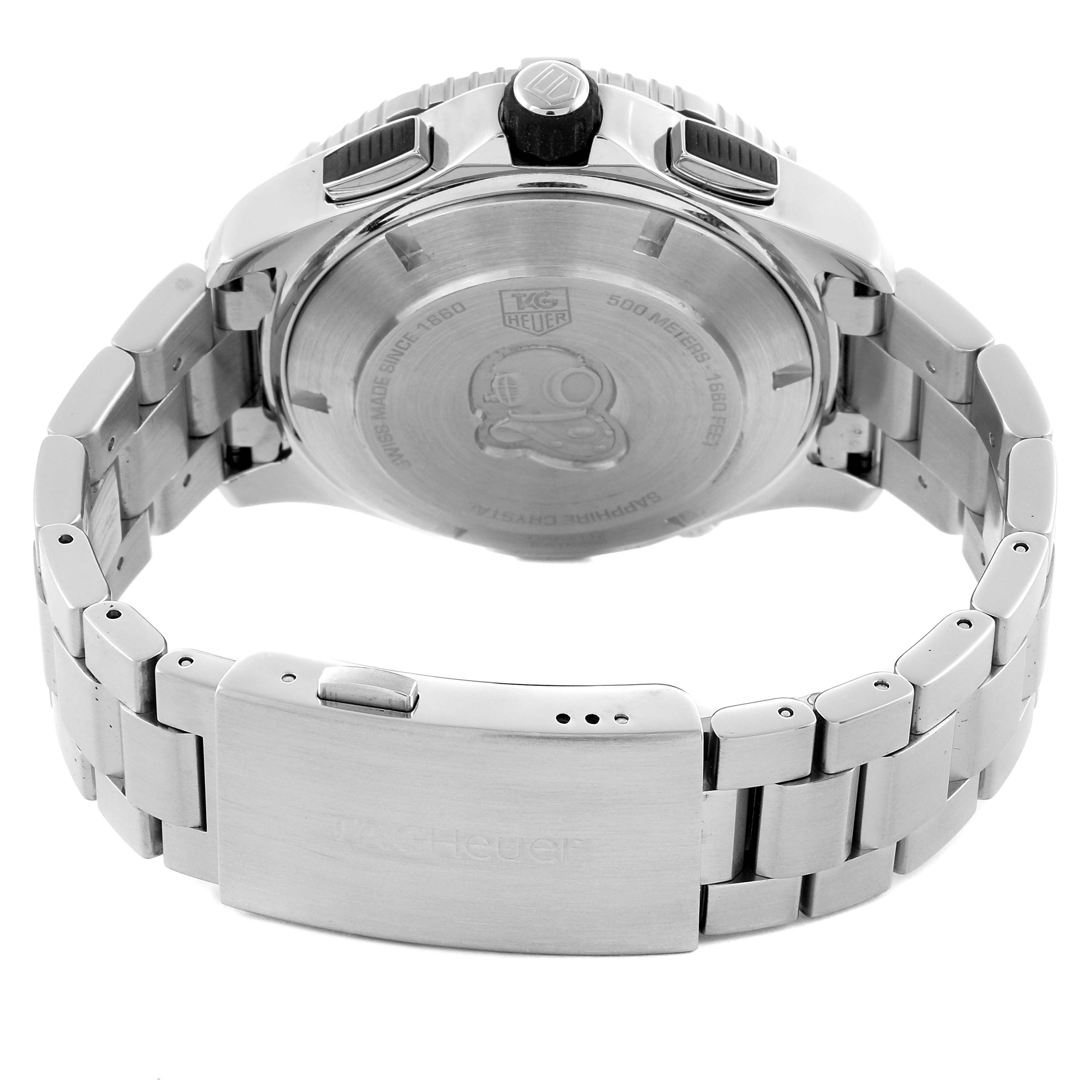 The Tag Heuer Aquaracer CAK2112 Men's Stainless Steel Blue Dial CAK2112 Men's Stainless Steel Blue Dial is shown from the back, highlighting the case back and stainless steel bracelet clasp.