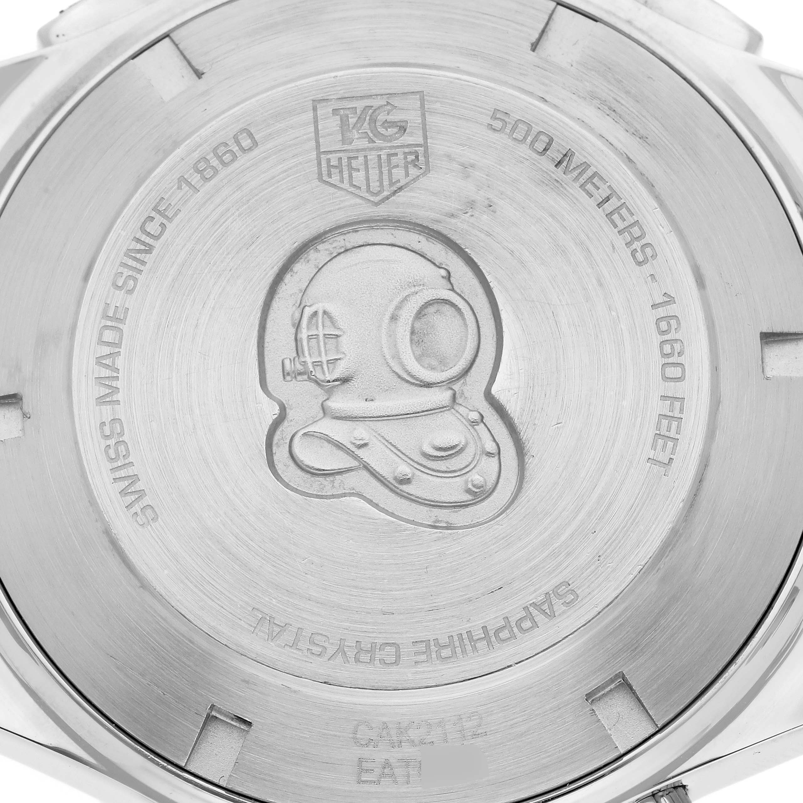 The image shows the back of the Tag Heuer Aquaracer CAK2112 Men's Stainless Steel Blue Dial CAK2112 Men's Stainless Steel Blue Dial watch, highlighting engravings and depth rating.