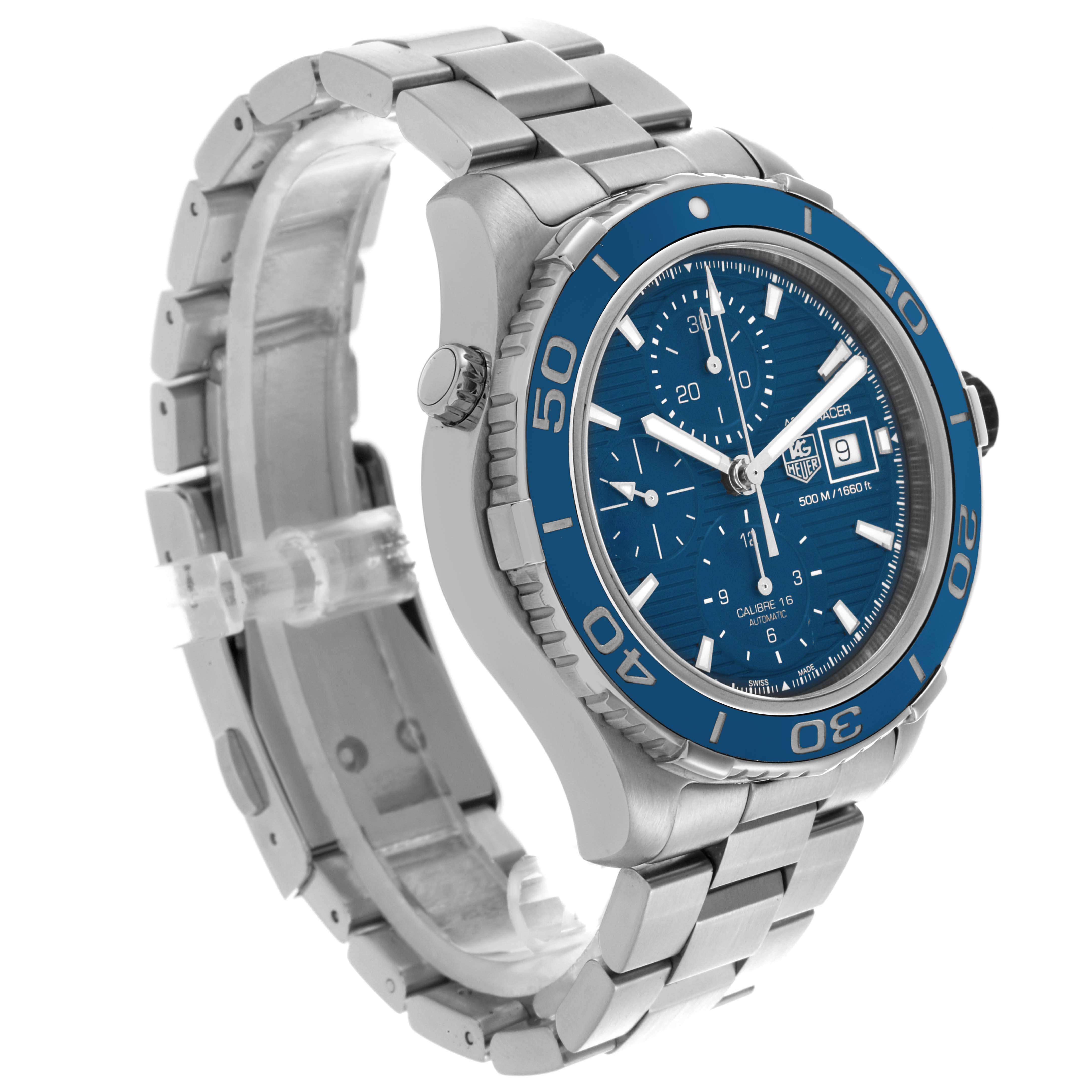 The Tag Heuer Aquaracer CAK2112 Men's Stainless Steel Blue Dial CAK2112 Men's Stainless Steel Blue Dial watch is shown at an angled side view, highlighting the bezel, dial, crown, and bracelet.