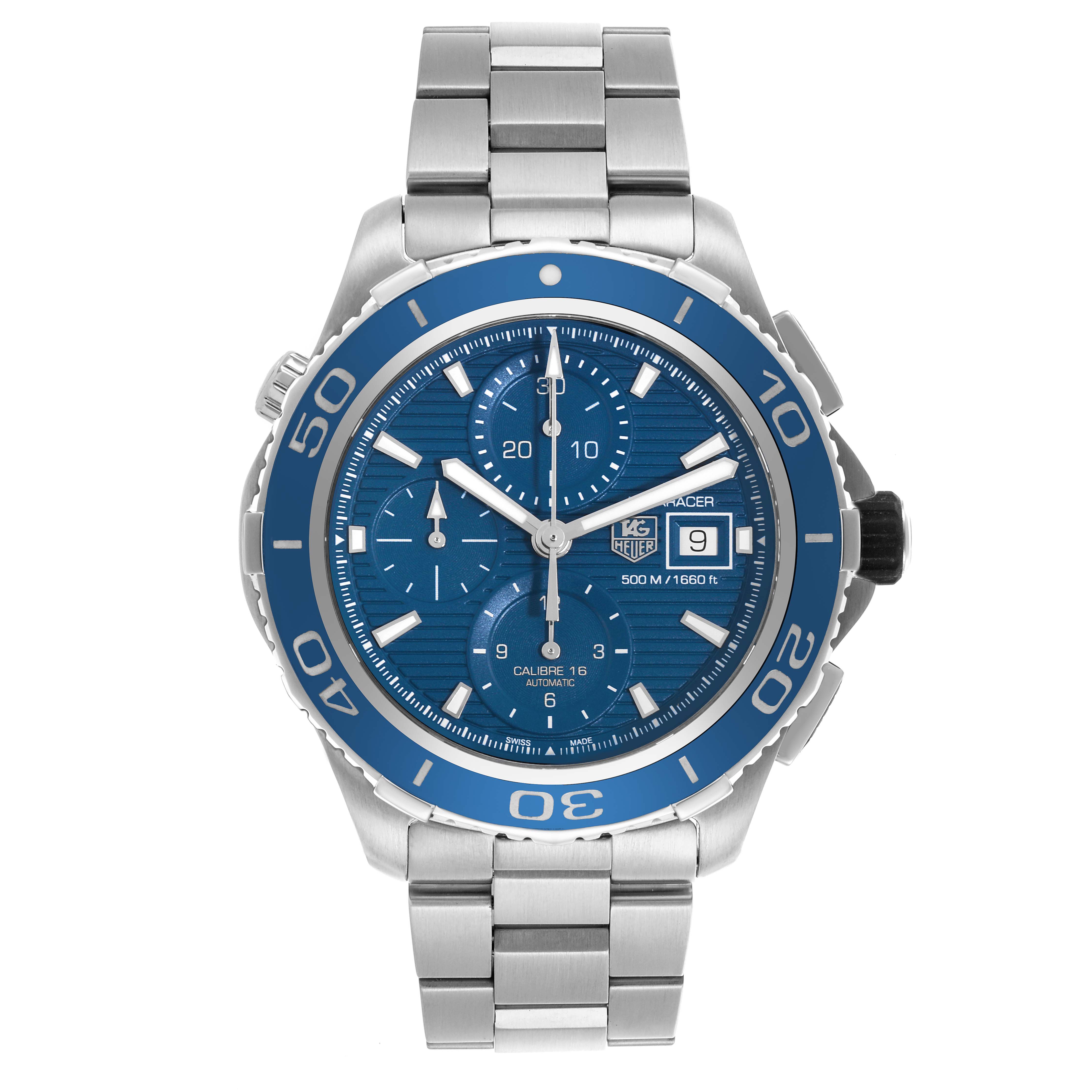 The Tag Heuer Aquaracer CAK2112 Men's Stainless Steel Blue Dial CAK2112 Men's Stainless Steel Blue Dial watch is shown from a front view, displaying the dial, bezel, crown, and bracelet.