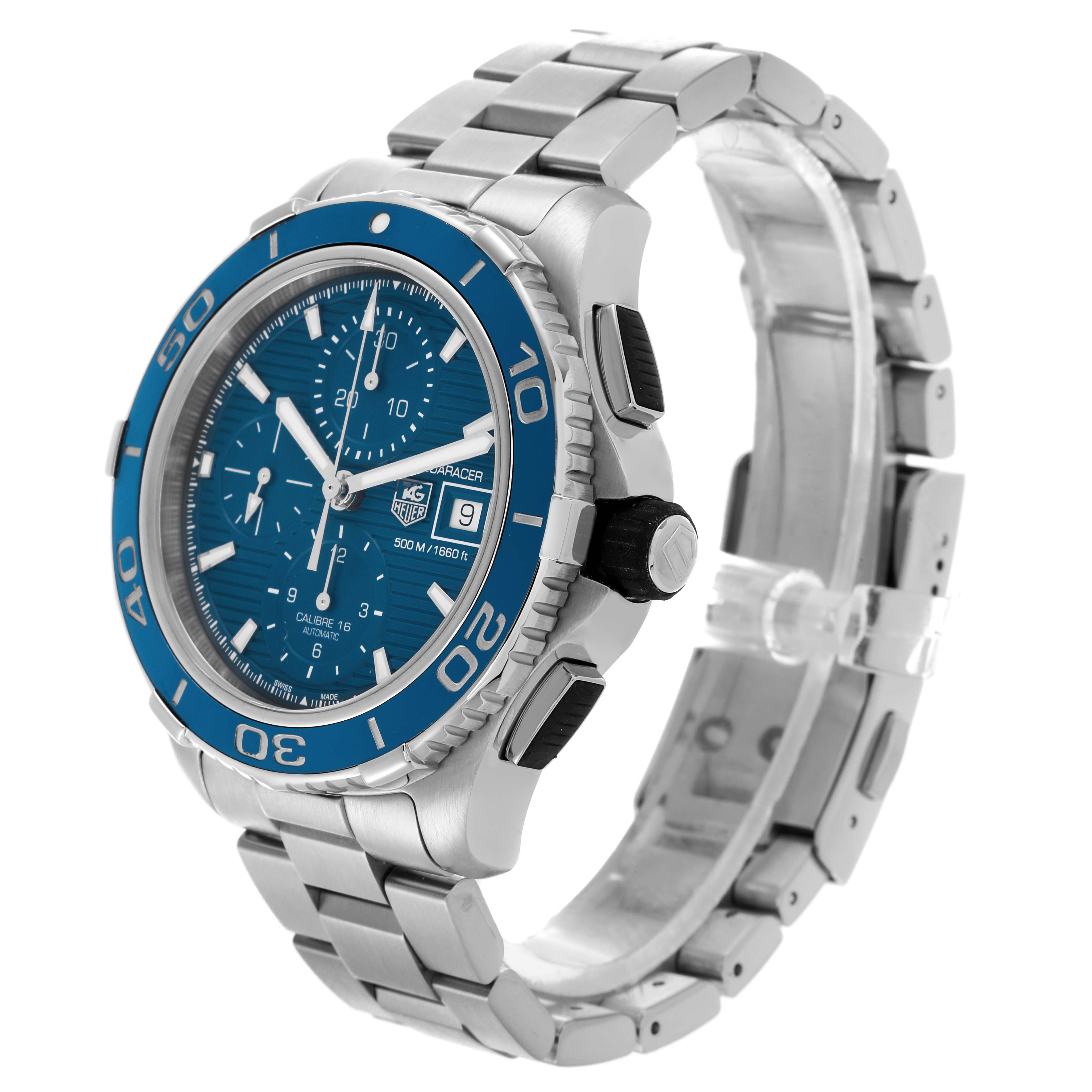 The Tag Heuer Aquaracer CAK2112 Men's Stainless Steel Blue Dial CAK2112 Men's Stainless Steel Blue Dial watch is angled to show the dial, bezel, crown, pushers, and bracelet.