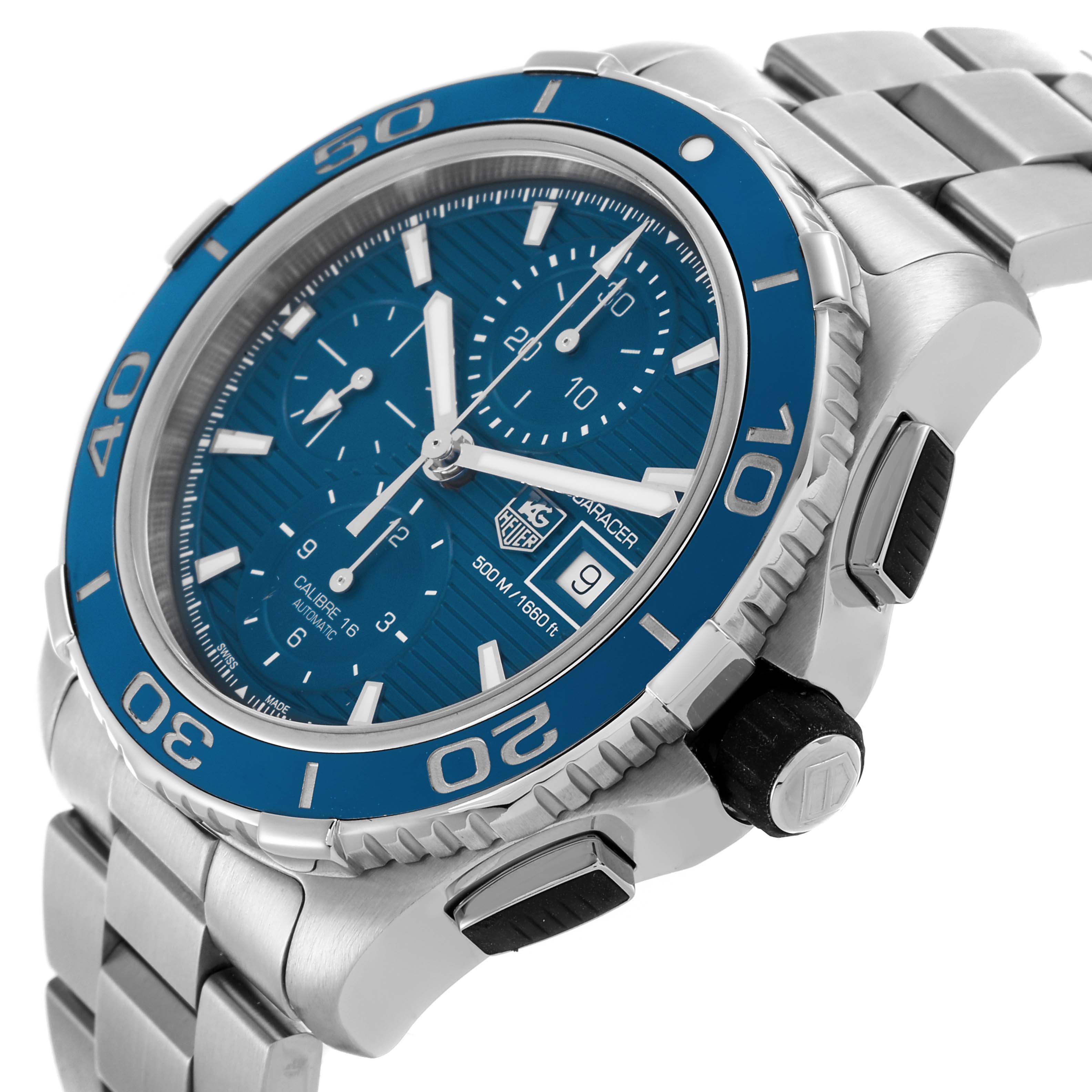 The Tag Heuer Aquaracer CAK2112 Men's Stainless Steel Blue Dial CAK2112 Men's Stainless Steel Blue Dial watch is shown from an angled side view, highlighting the bezel, dial, crown, and part of the bracelet.