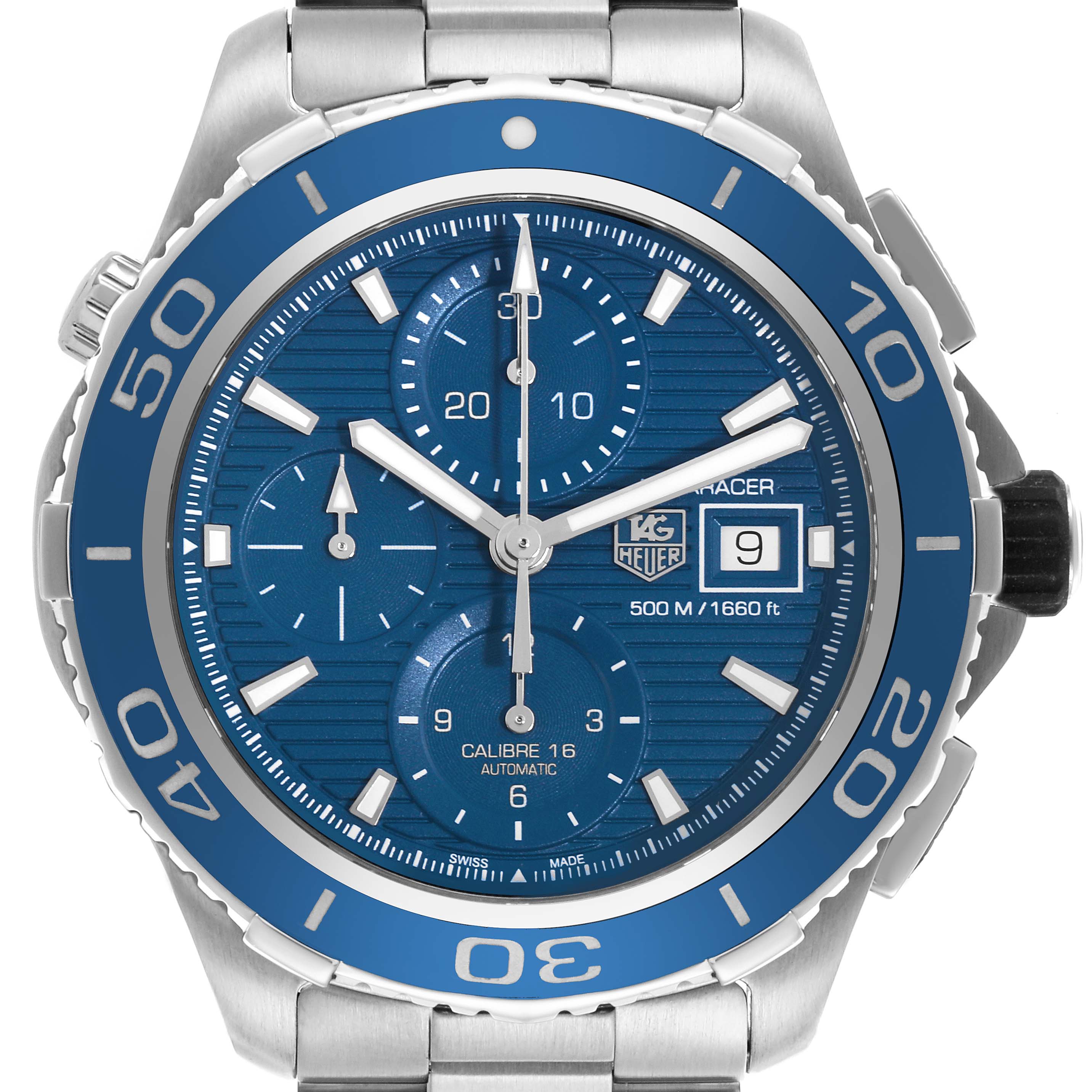 The Tag Heuer Aquaracer CAK2112 Men's Stainless Steel Blue Dial CAK2112 Men's Stainless Steel Blue Dial watch is shown from the front, highlighting the dial, bezel, and chronograph features.