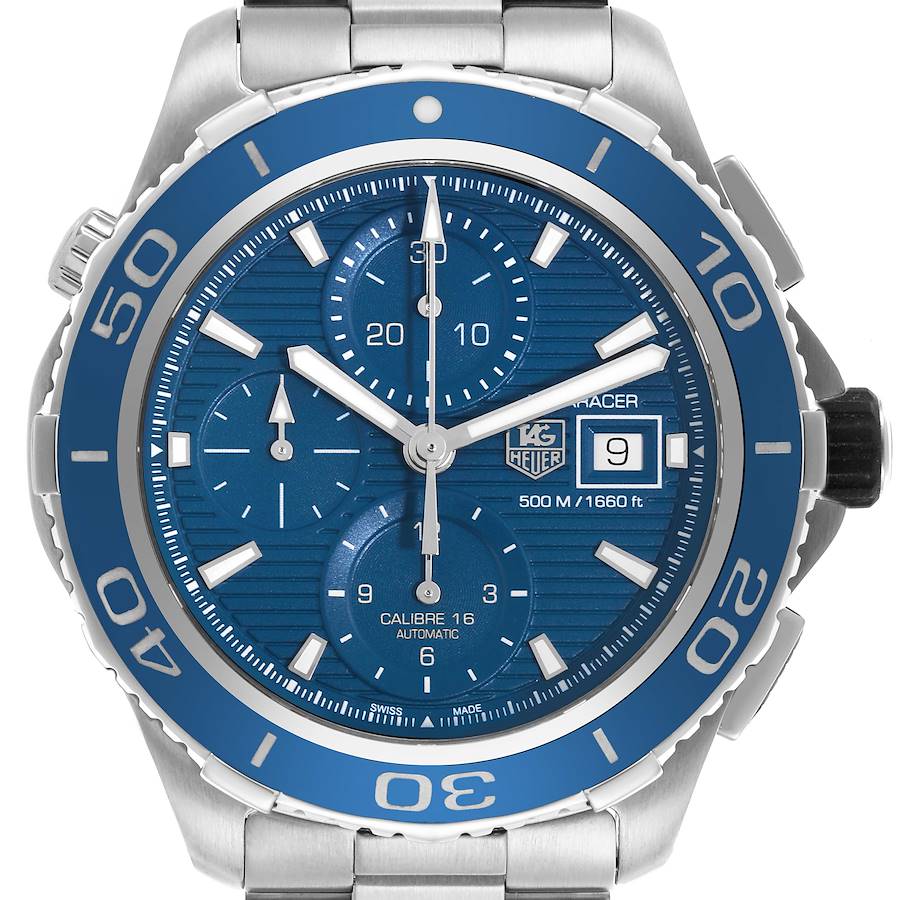 The Tag Heuer Aquaracer watch is shown from the front, highlighting the dial, bezel, and chronograph features.