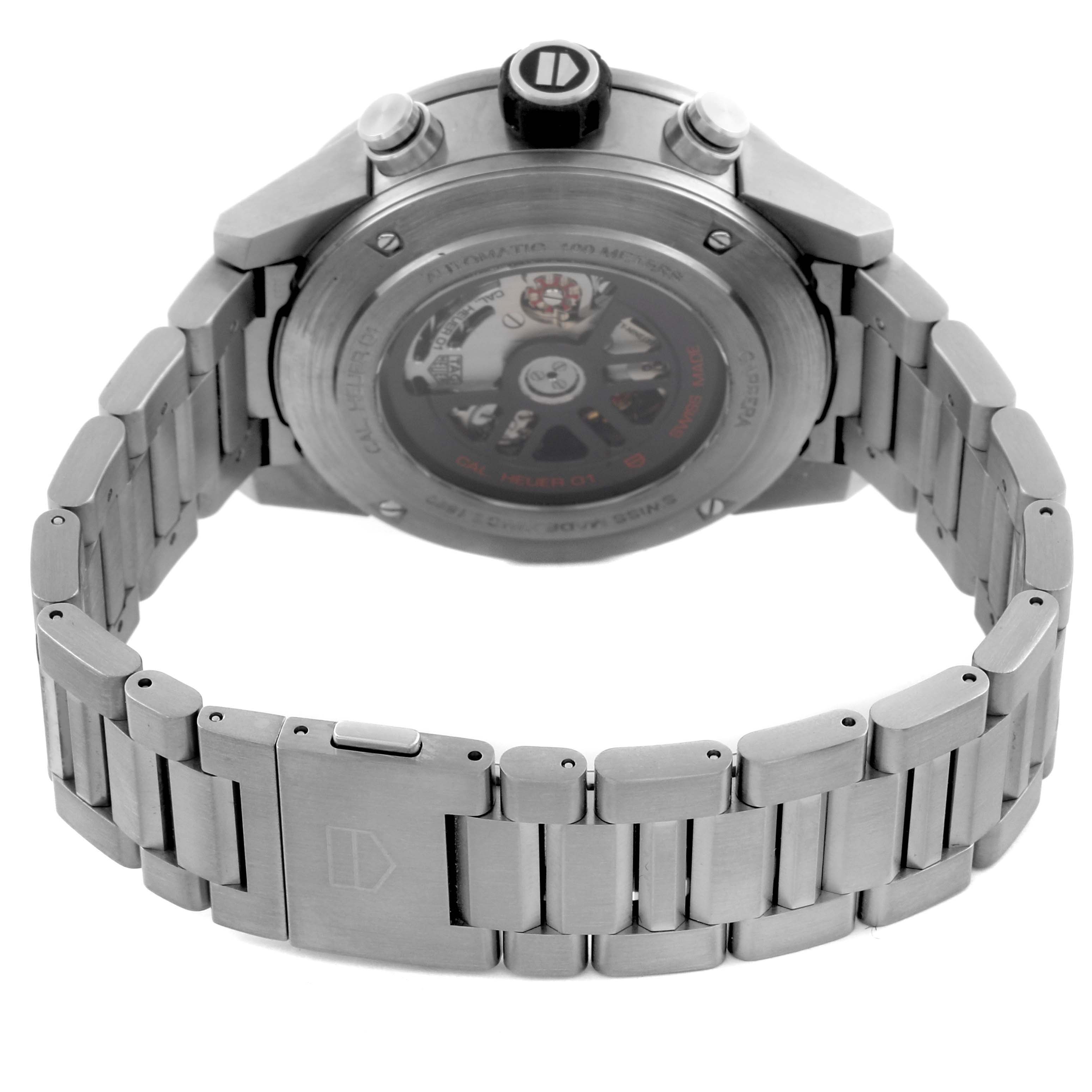 The image shows the back case and bracelet of a Tag Heuer Carrera CAR2A8A.BF0707 Men's Titanium Grey Dial CAR2A8A.BF0707 Men's Titanium Grey Dial watch, highlighting the movement and clasp.