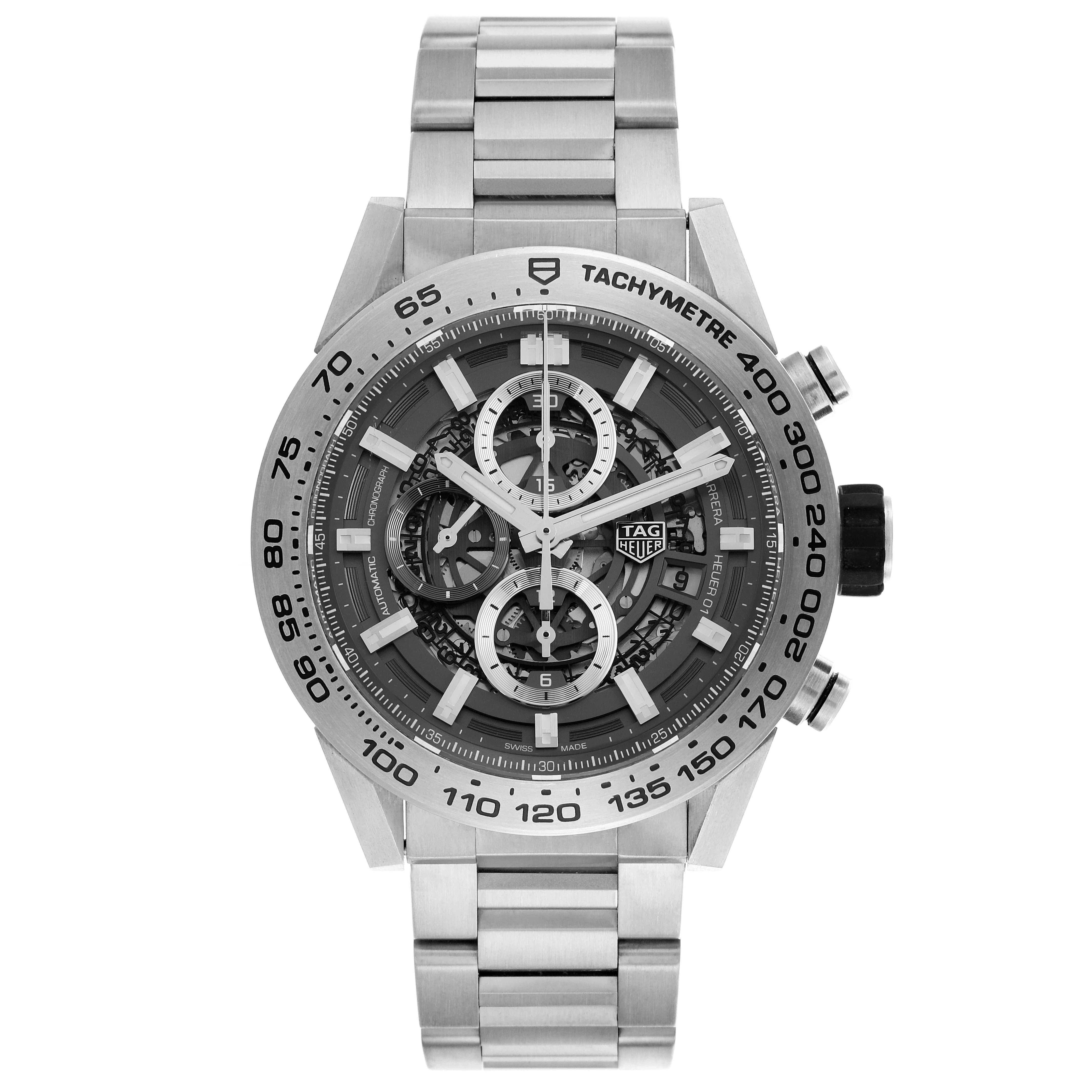 The Tag Heuer Carrera CAR2A8A.BF0707 Men's Titanium Grey Dial CAR2A8A.BF0707 Men's Titanium Grey Dial watch is shown from the front, displaying the dial, bezel, and stainless steel bracelet.