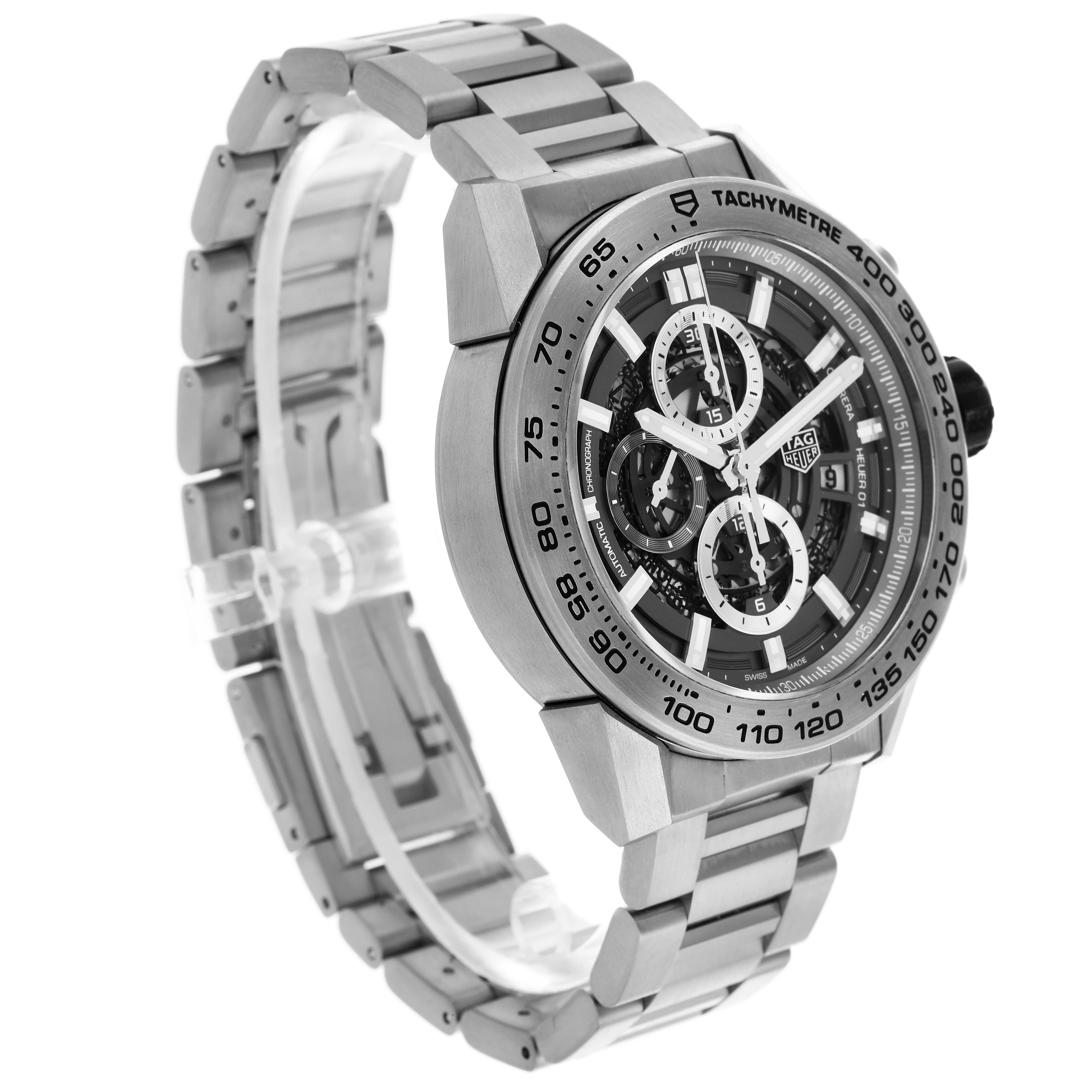 The image shows a Tag Heuer Carrera CAR2A8A.BF0707 Men's Titanium Grey Dial CAR2A8A.BF0707 Men's Titanium Grey Dial watch at a three-quarter angle, highlighting the face, bezel, and bracelet.