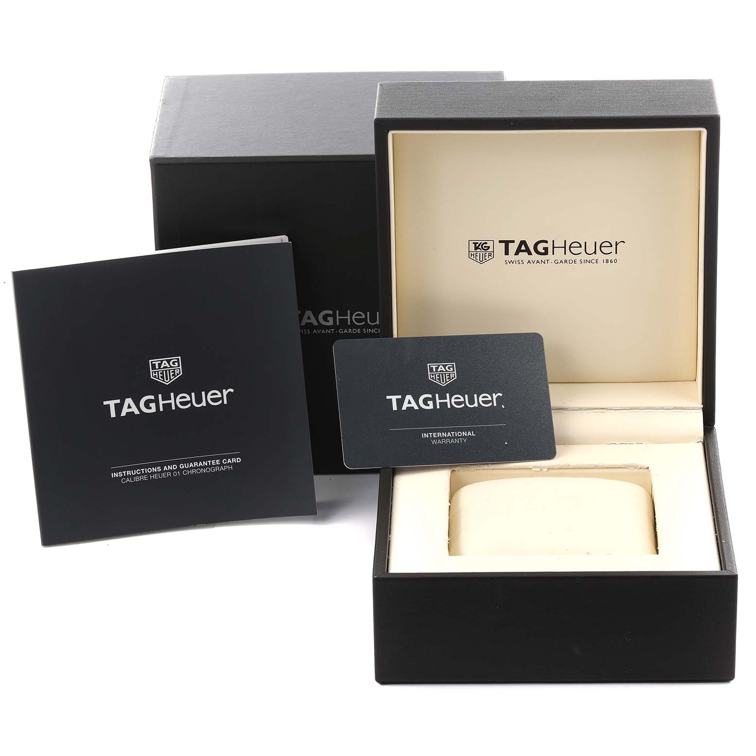 The image shows the Tag Heuer Carrera CAR2A8A.BF0707 Men's Titanium Grey Dial CAR2A8A.BF0707 Men's Titanium Grey Dial watch box, a warranty card, and a booklet from a frontal angle.