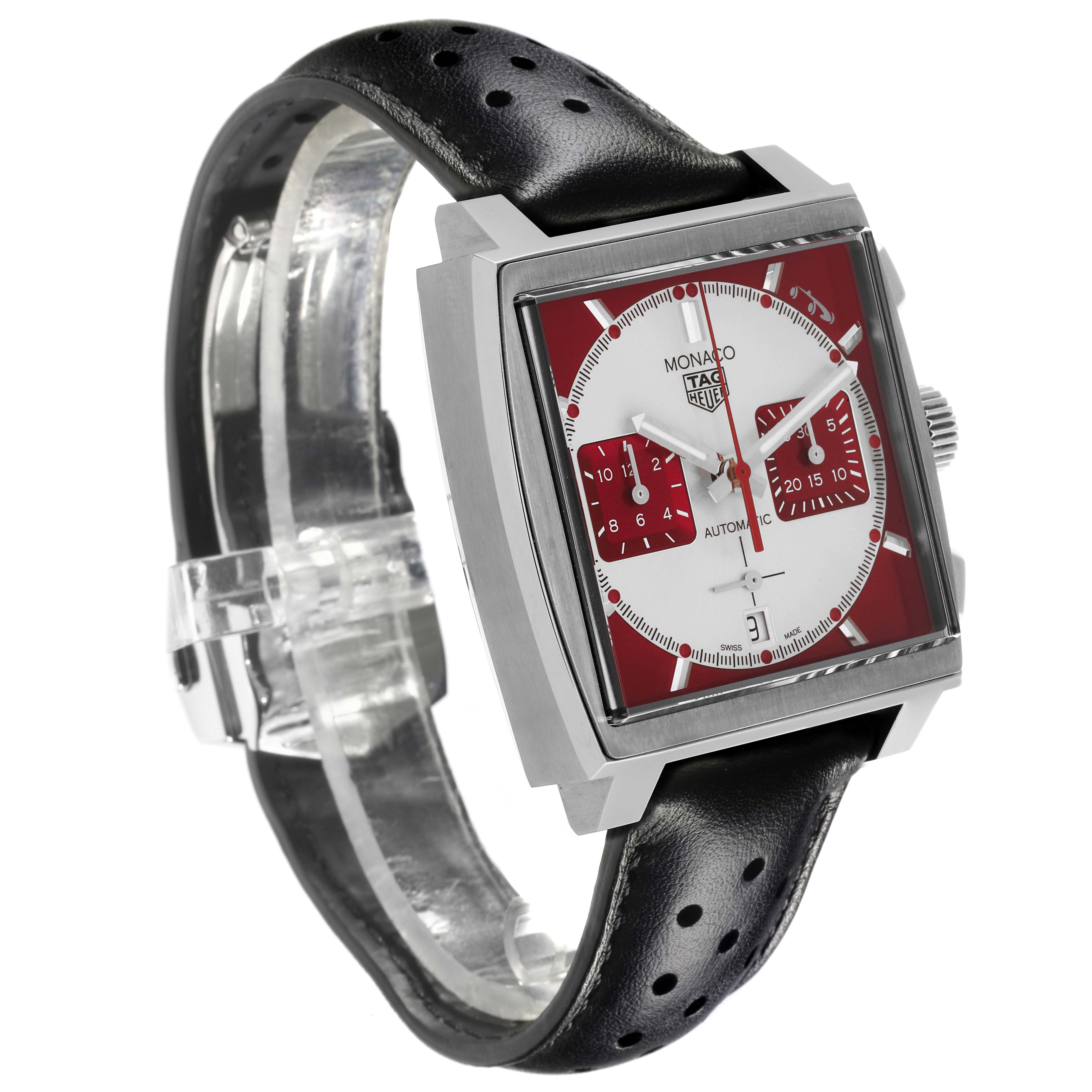 The Tag Heuer Monaco CBL2114 Men's Stainless Steel Red Dial CBL2114 Men's Stainless Steel Red Dial watch is shown at an angled view, displaying the case, dial, and leather strap.