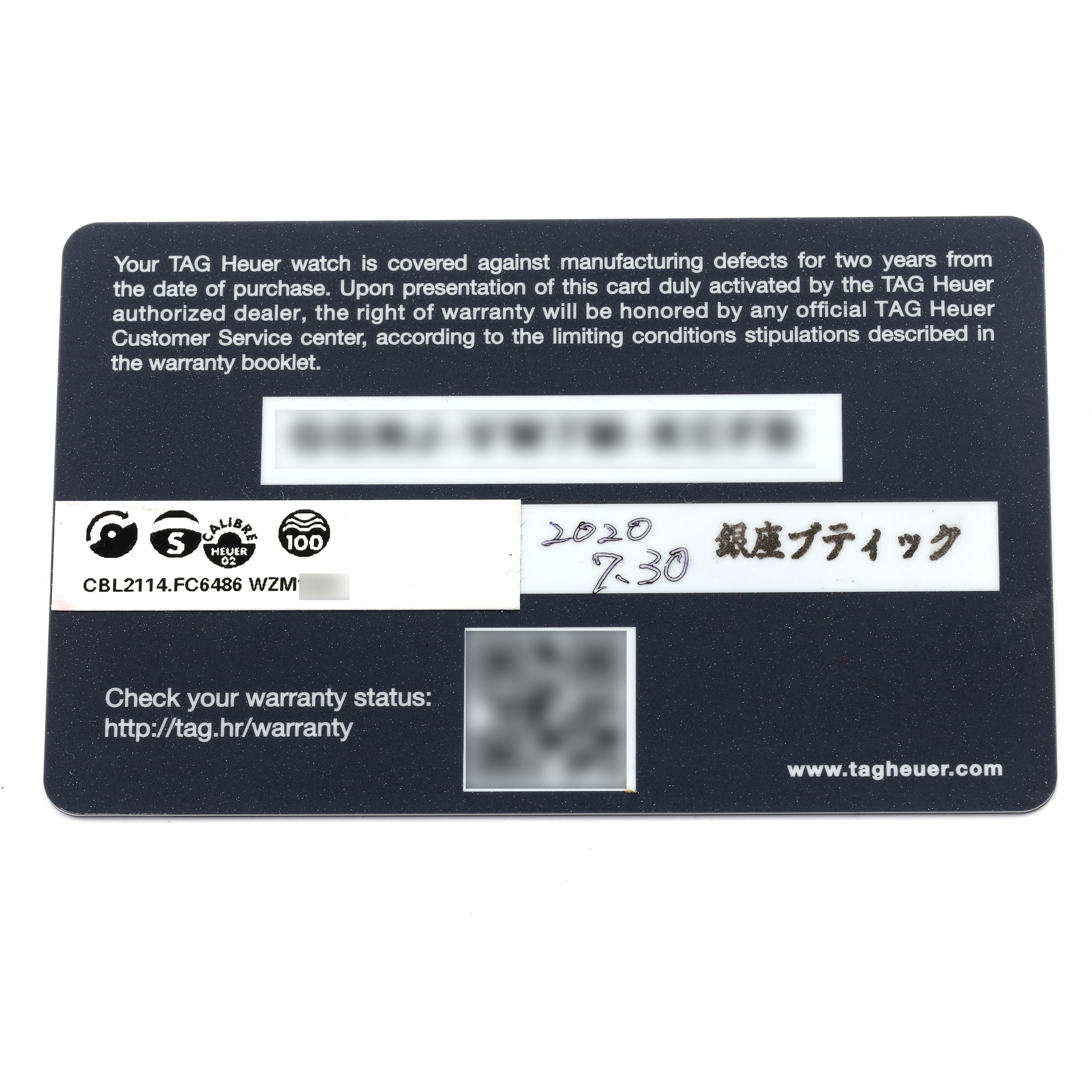 The image shows a warranty card for the Tag Heuer Monaco CBL2114 Men's Stainless Steel Red Dial CBL2114 Men's Stainless Steel Red Dial watch model.