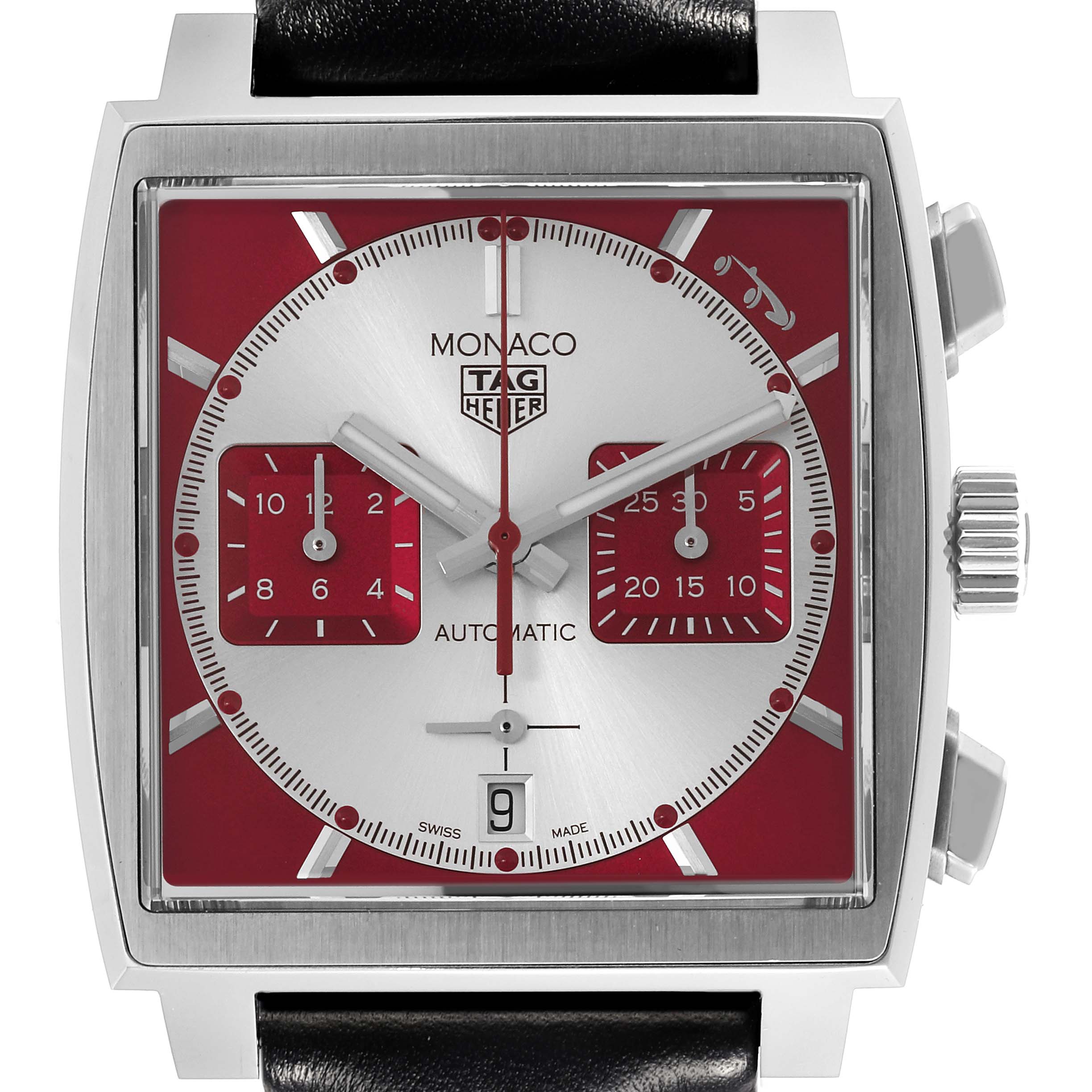 The image shows a frontal view of the Tag Heuer Monaco CBL2114 Men's Stainless Steel Red Dial CBL2114 Men's Stainless Steel Red Dial watch, highlighting its square dial and side pushers.