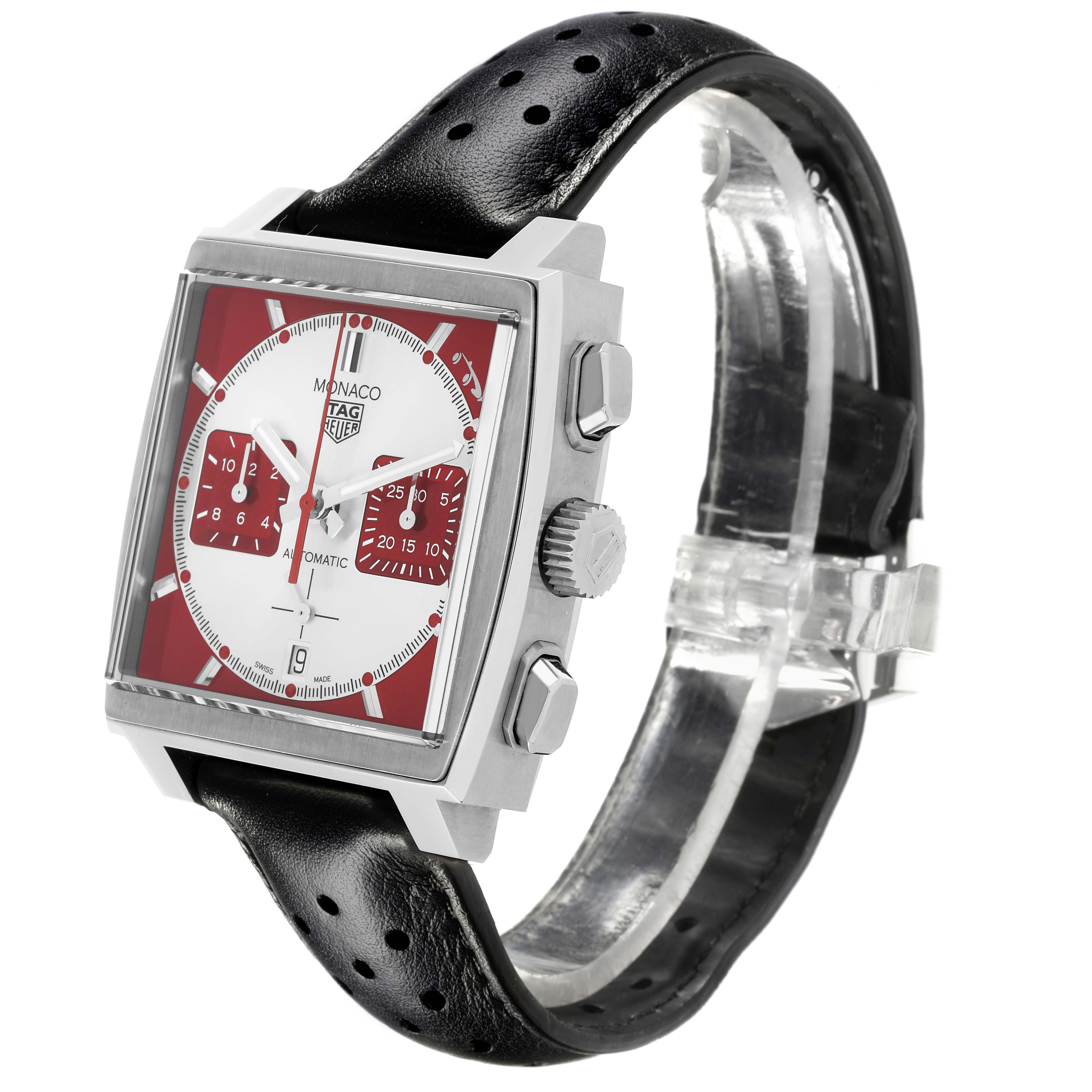 The Tag Heuer Monaco CBL2114 Men's Stainless Steel Red Dial CBL2114 Men's Stainless Steel Red Dial watch is shown at an oblique angle, displaying the face, side buttons, and leather strap.
