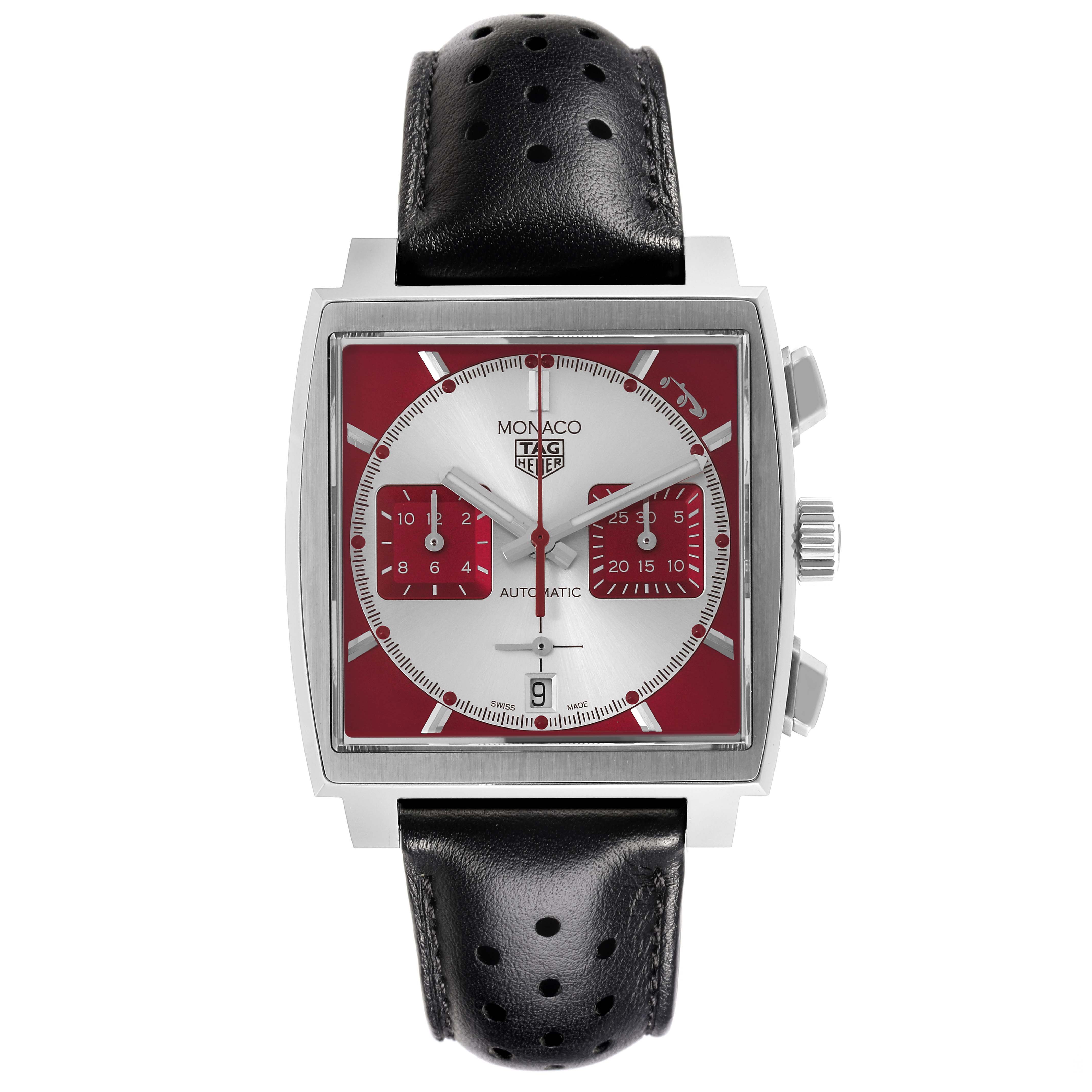 The Tag Heuer Monaco CBL2114 Men's Stainless Steel Red Dial CBL2114 Men's Stainless Steel Red Dial watch is shown from the front, displaying its face, bezel, and perforated leather strap.