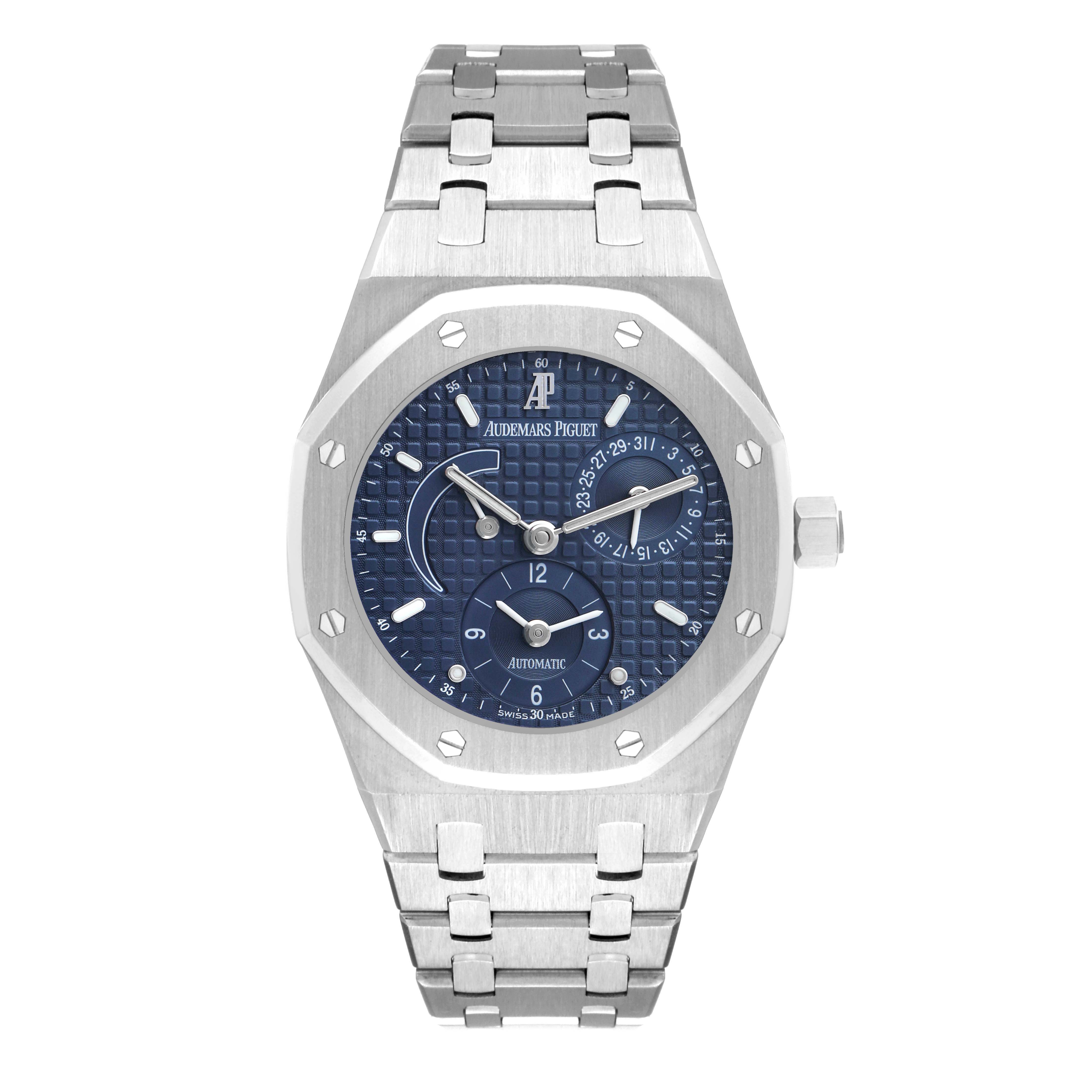 The image shows a front view of the Audemars Piguet Royal Oak 25730ST Men's Stainless Steel Blue Dial watch, displaying its blue dial, octagonal bezel, and metal bracelet.