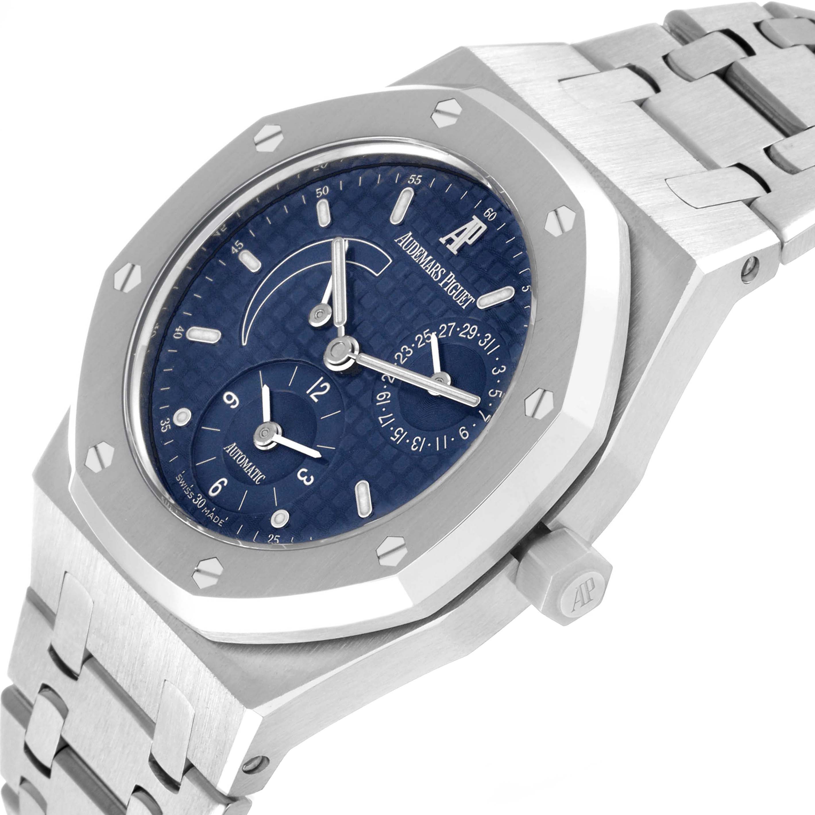 The Audemars Piguet Royal Oak 25730ST Men's Stainless Steel Blue Dial watch is shown from a tilted angle, highlighting the dial, bezel, crown, and part of the bracelet.