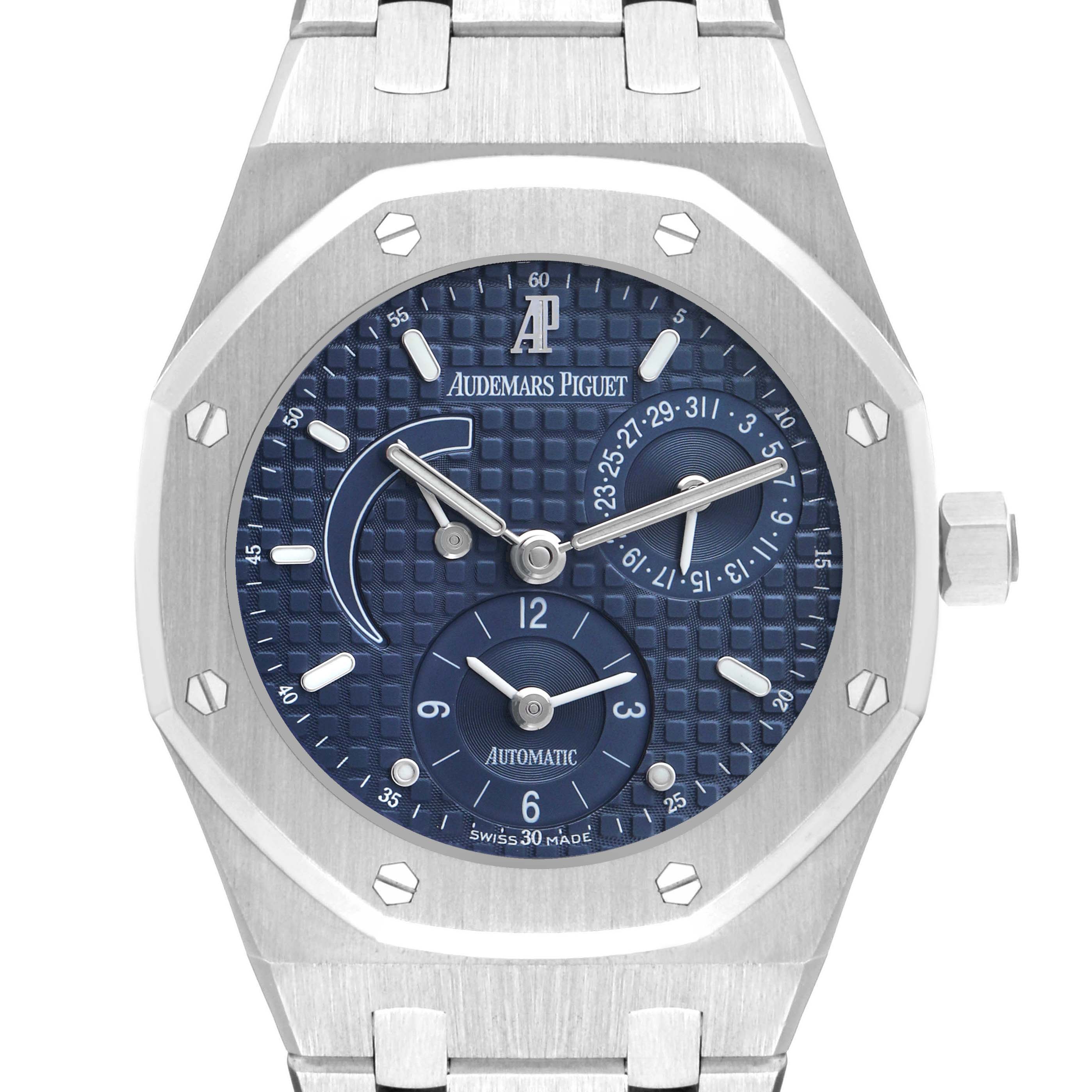 The image shows a front view of the Audemars Piguet Royal Oak 25730ST Men's Stainless Steel Blue Dial watch, highlighting the dial, bezel, and bracelet links.