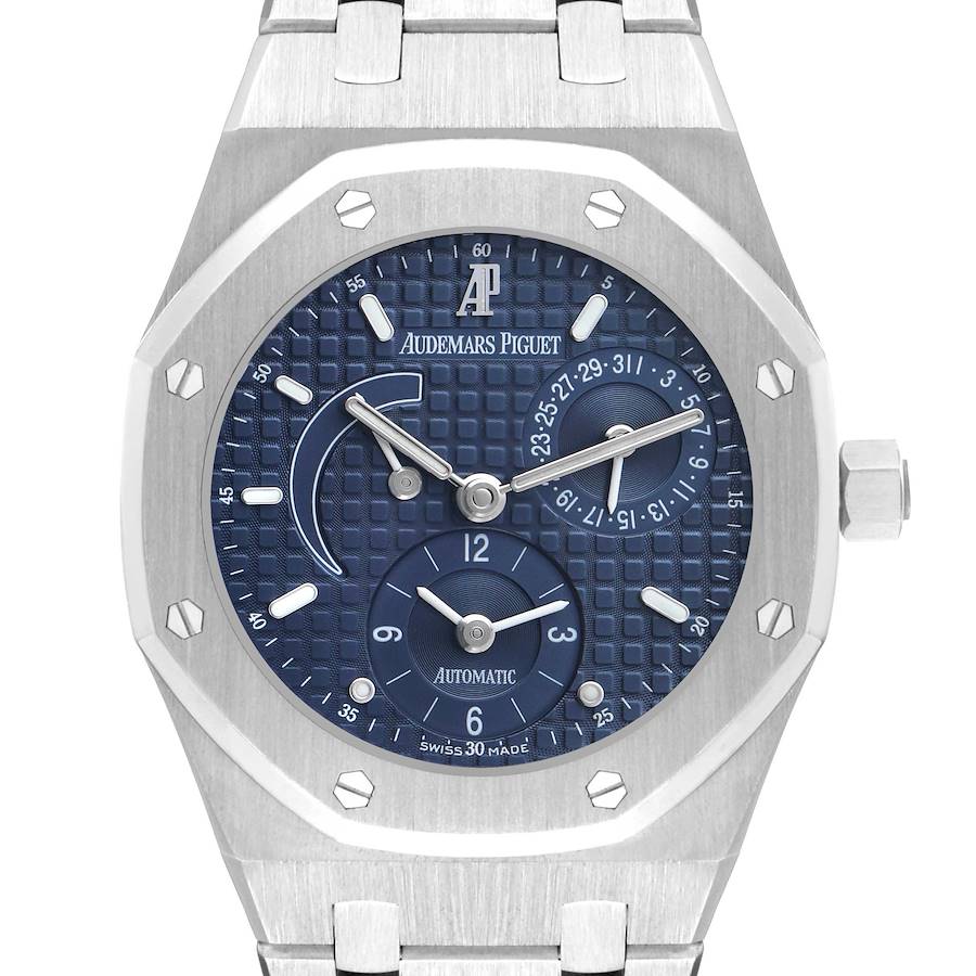 The image shows a front view of the Audemars Piguet Royal Oak 25730ST Men's Stainless Steel Blue Dial watch, highlighting the dial, bezel, and bracelet links.