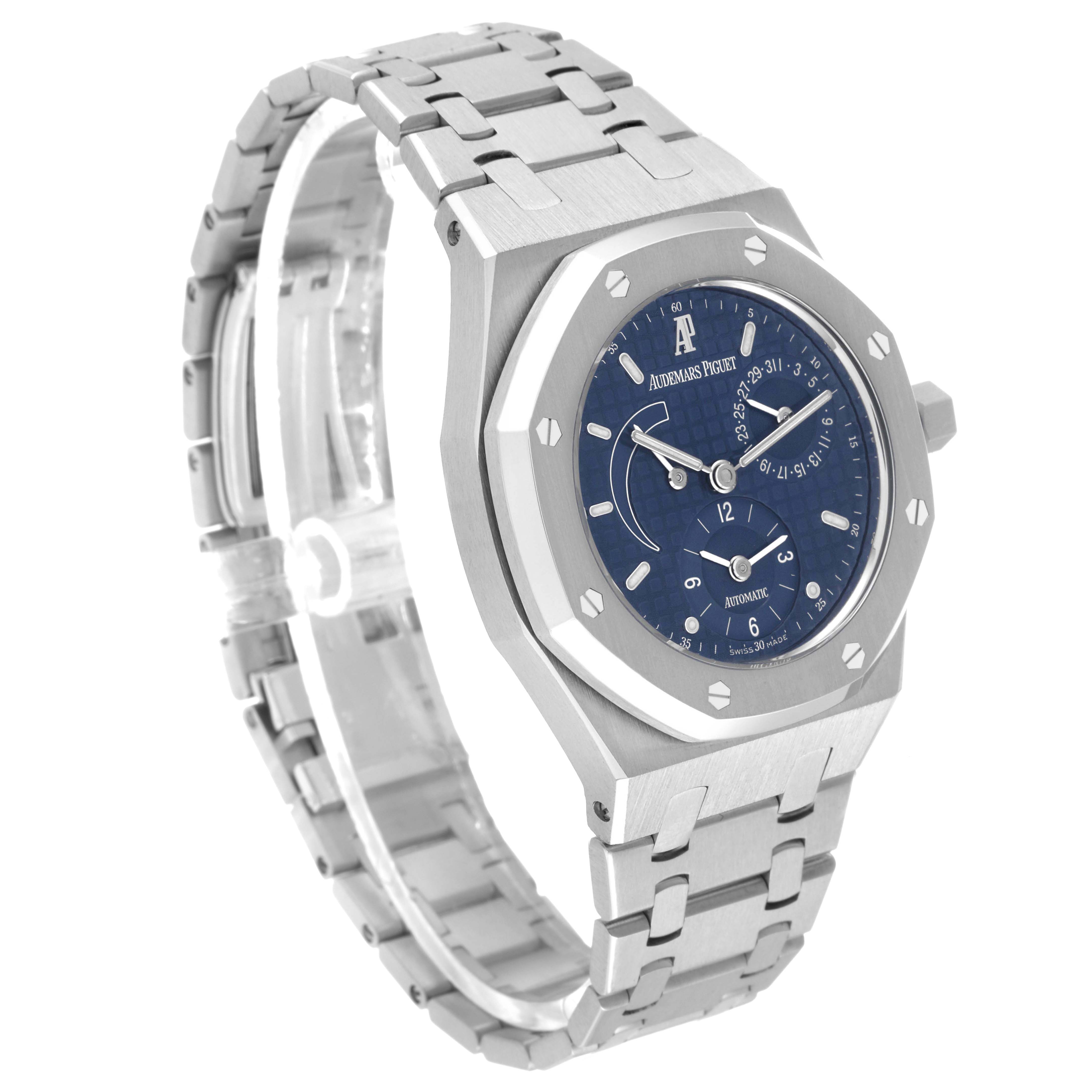 The Audemars Piguet Royal Oak 25730ST Men's Stainless Steel Blue Dial watch is shown at a three-quarter angle, displaying its face, case, and bracelet.