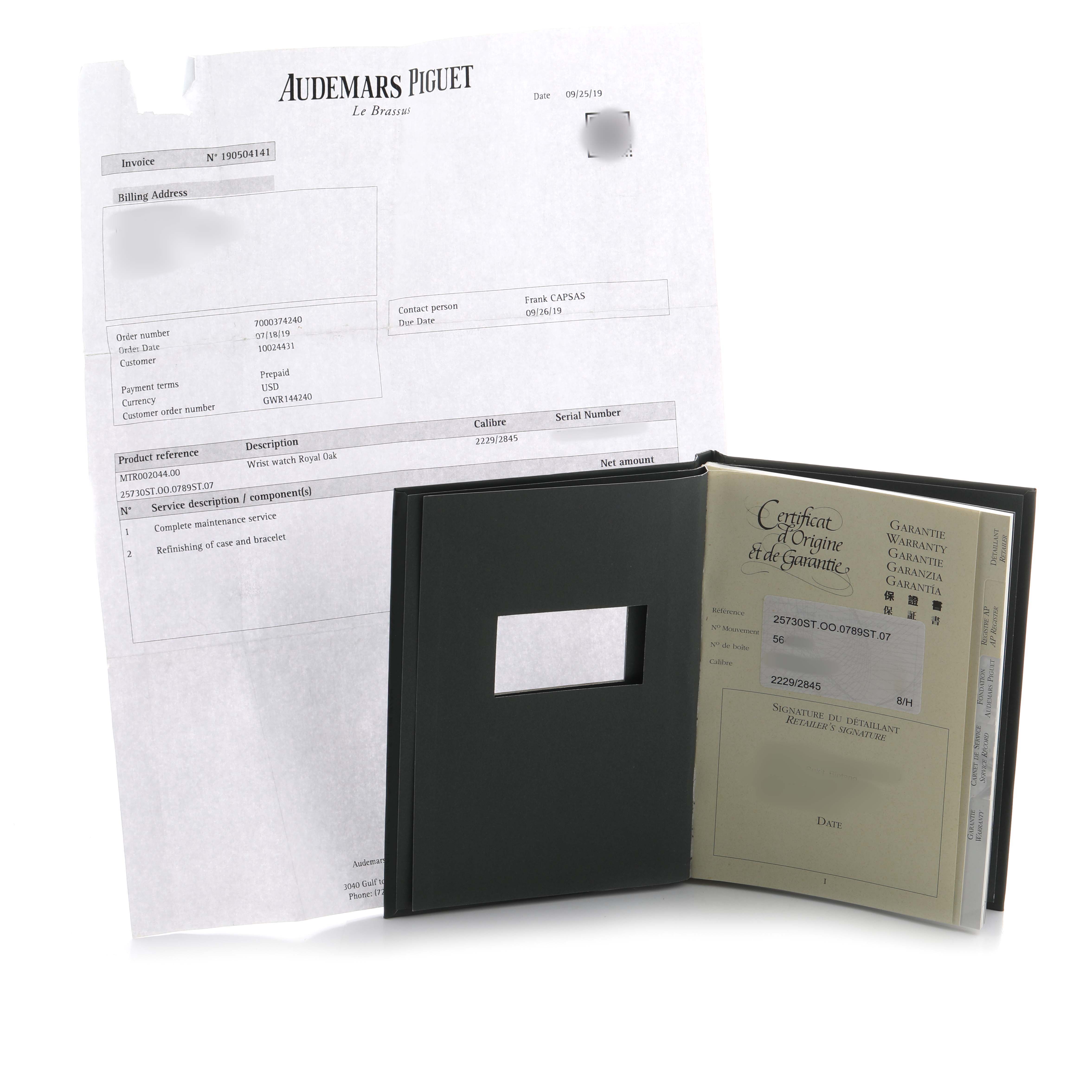 The image shows an Audemars Piguet Royal Oak 25730ST Men's Stainless Steel Blue Dial warranty booklet and a service invoice, both presented from a top angle.