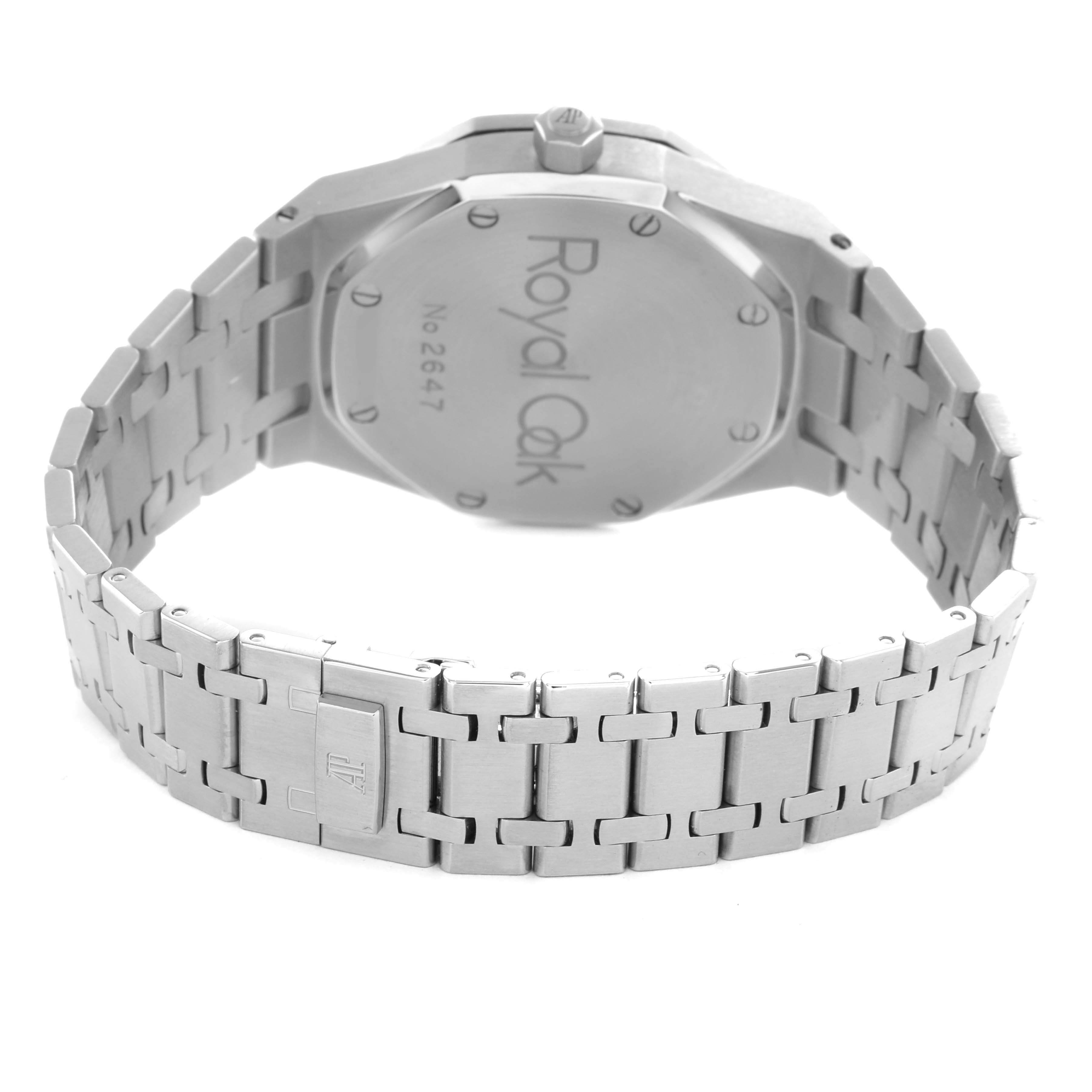 The image shows the back of an Audemars Piguet Royal Oak 25730ST Men's Stainless Steel Blue Dial, focusing on the case back and bracelet.