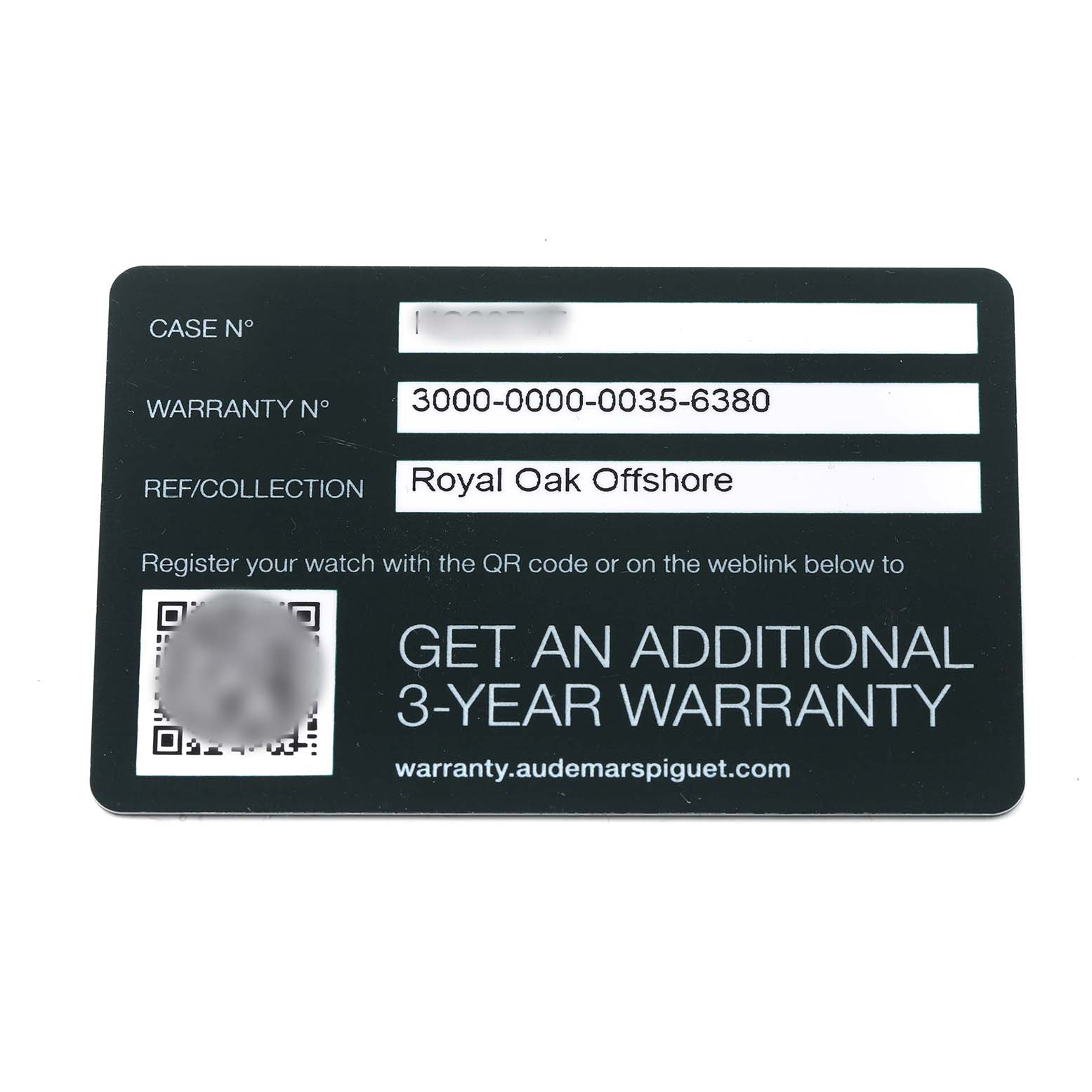 The image shows a warranty card for the Audemars Piguet Royal Oak Offshore 26238ST Men's Stainless Steel Blue Dial watch, displaying the warranty number and instructions.