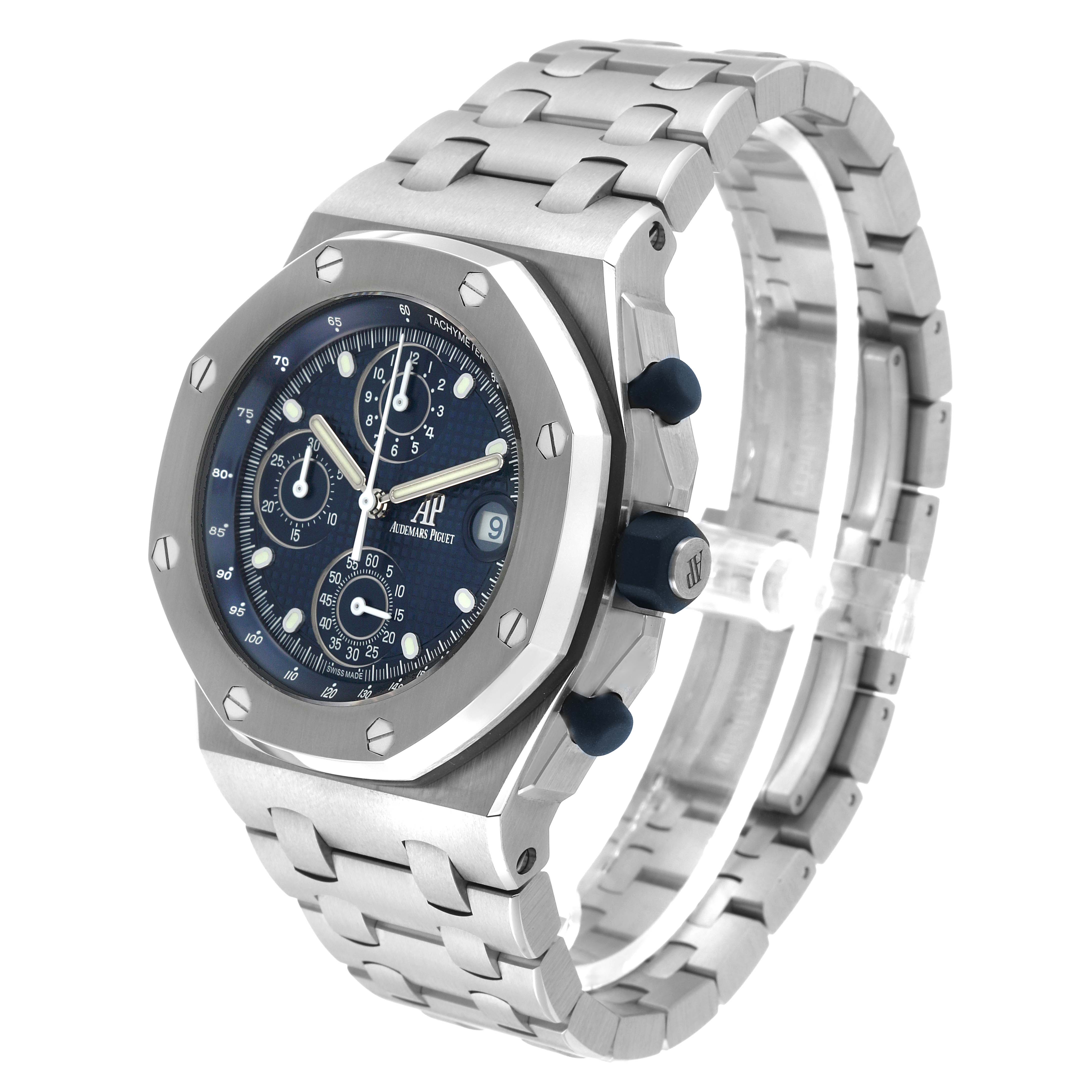 The Audemars Piguet Royal Oak Offshore 26238ST Men's Stainless Steel Blue Dial is shown at a three-quarter angle, highlighting the bezel, dial, and bracelet.