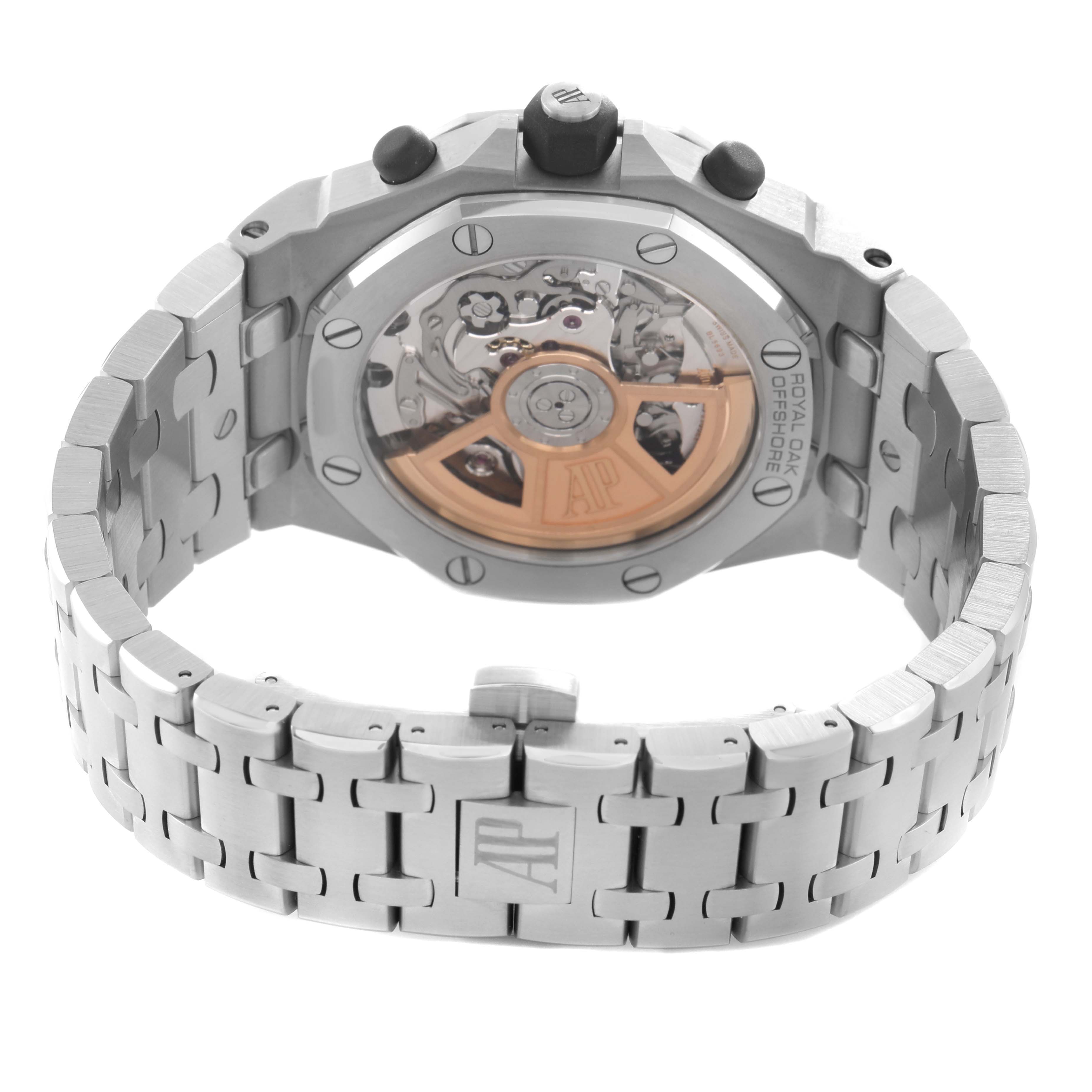 The Audemars Piguet Royal Oak Offshore 26238ST Men's Stainless Steel Blue Dial watch is shown from the back, highlighting the open case back and stainless steel bracelet.