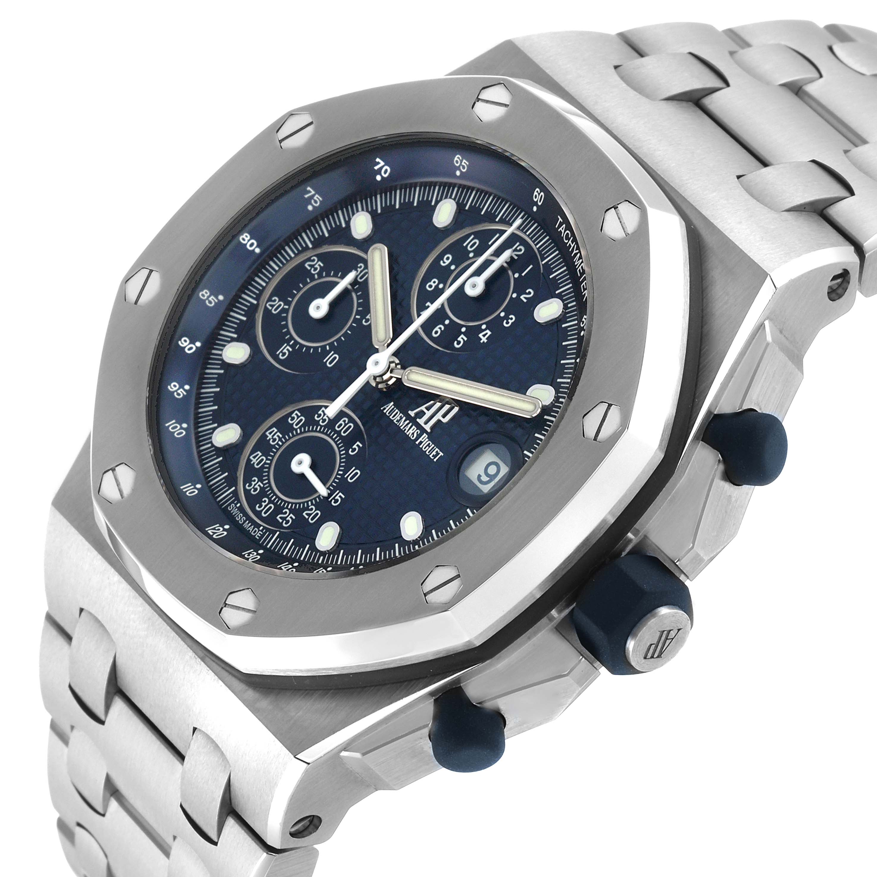 The Audemars Piguet Royal Oak Offshore 26238ST Men's Stainless Steel Blue Dial model is shown at a slight angle, focusing on the bezel, dial, and pushers.