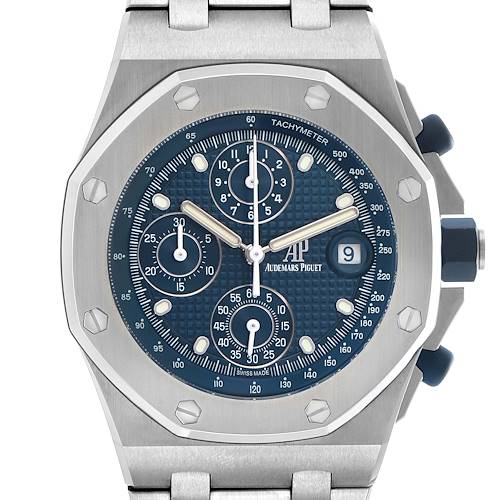 The Audemars Piguet Royal Oak Offshore 26238ST Men's Stainless Steel Blue Dial watch is shown from a front angle, highlighting the dial, bezel, and crown.