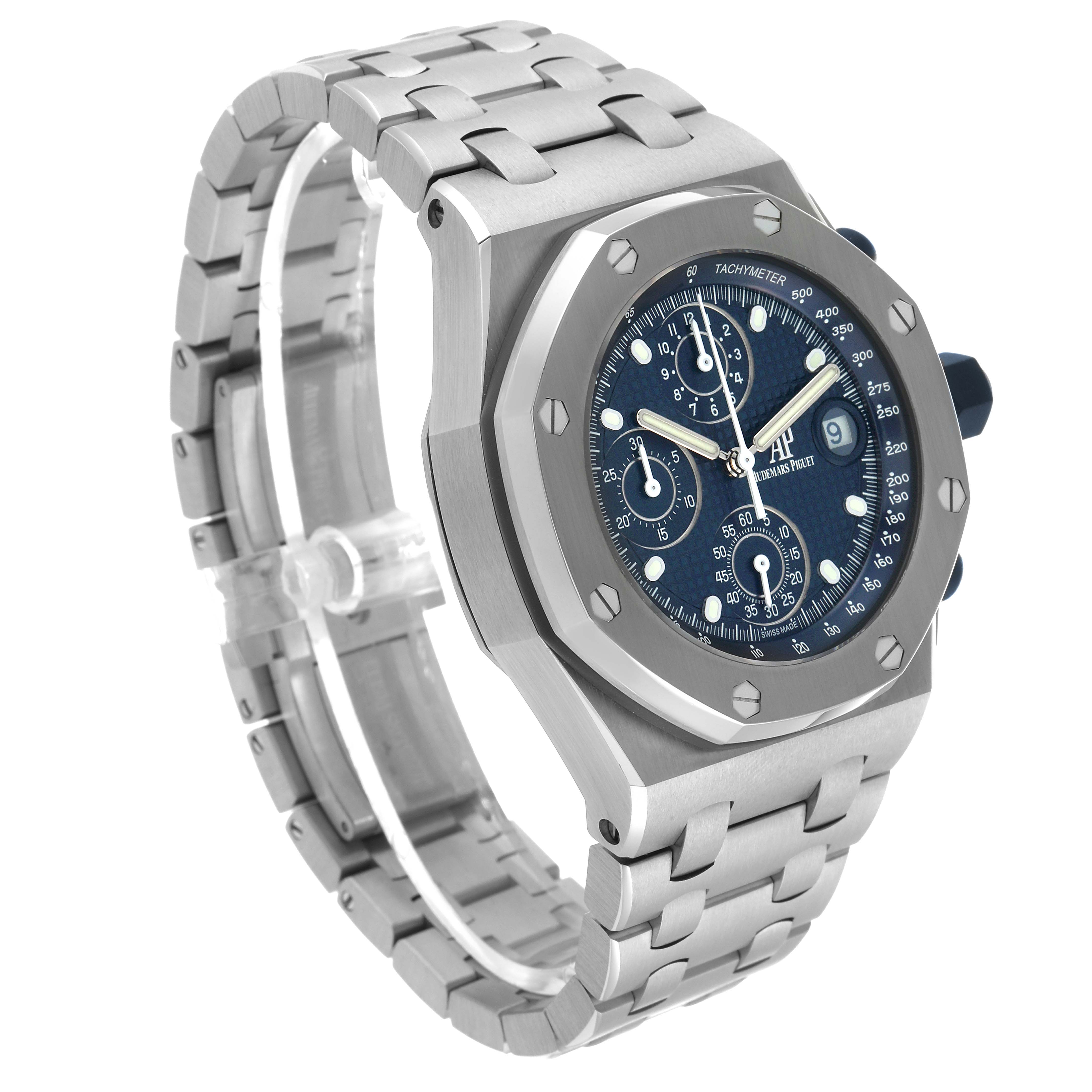 The Royal Oak Offshore by Audemars Piguet is shown at a three-quarter angle, highlighting the bezel, dial, and bracelet.