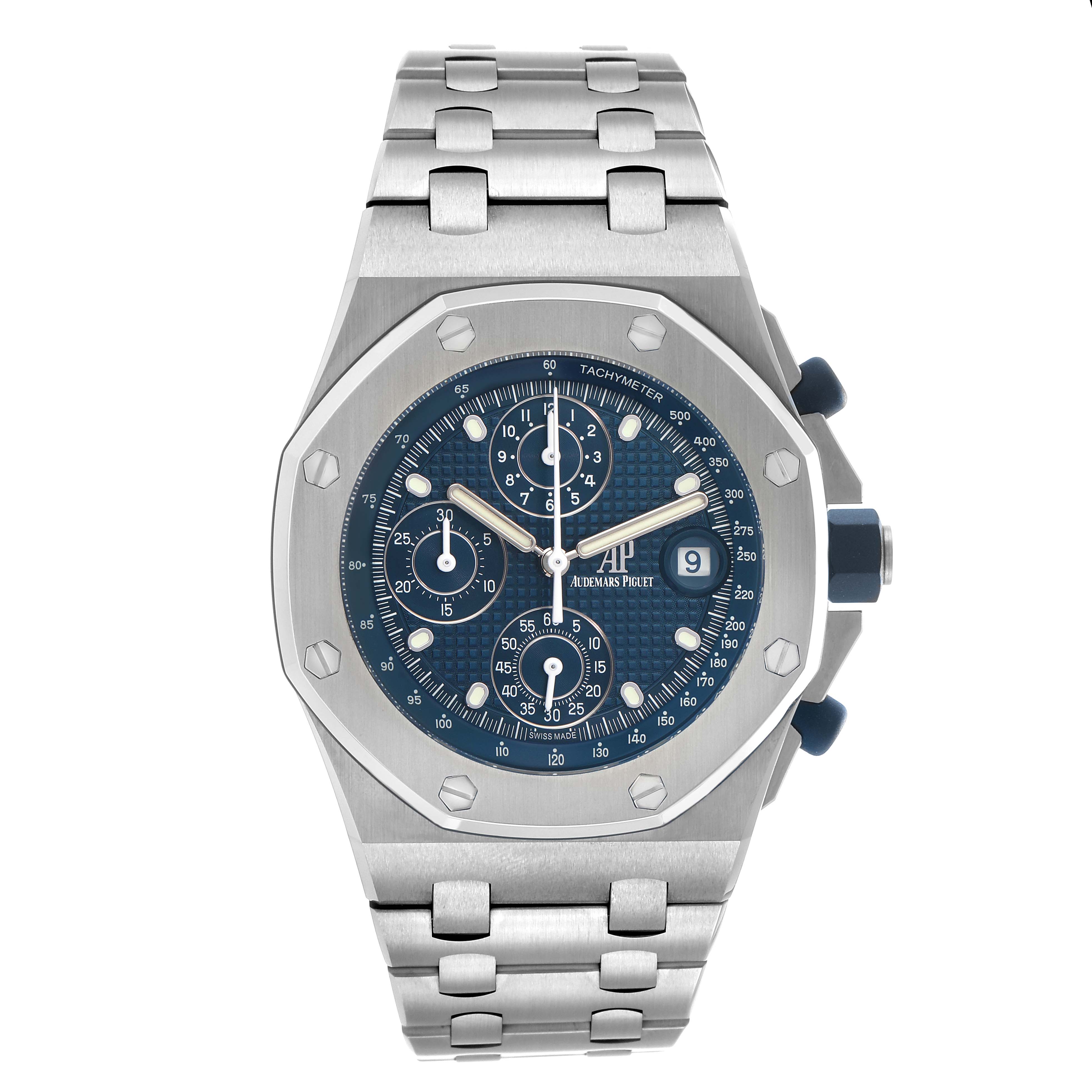 The Audemars Piguet Royal Oak Offshore 26238ST Men's Stainless Steel Blue Dial watch is shown from the front, displaying its blue dial, chronograph subdials, and metal bracelet.