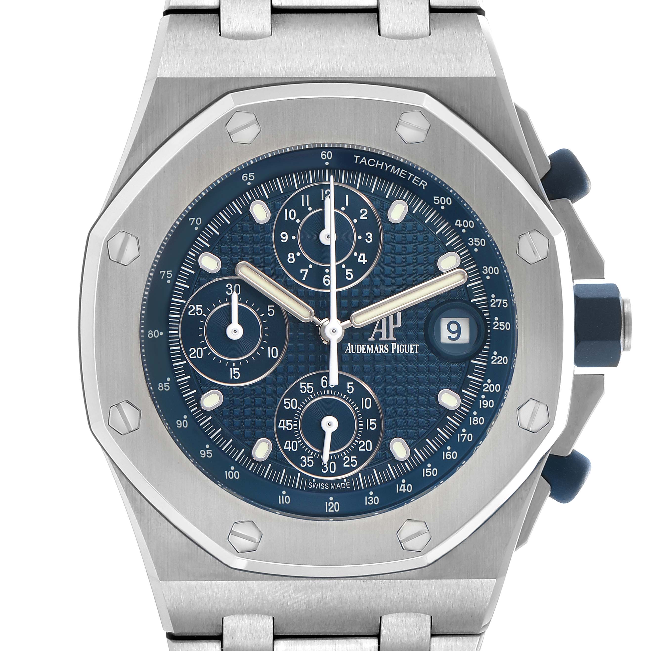 The Audemars Piguet Royal Oak Offshore 26238ST Men's Stainless Steel Blue Dial watch is shown from the front, displaying the dial, tachymeter, and screws on the bezel.