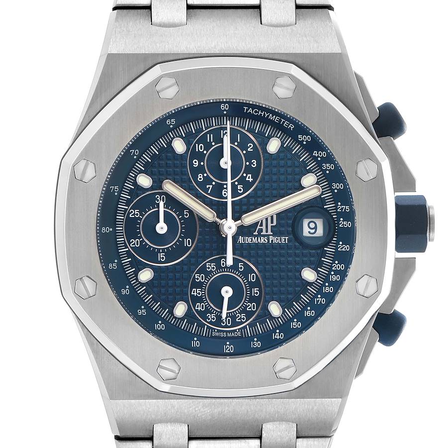 The Audemars Piguet Royal Oak Offshore 26238ST Men's Stainless Steel Blue Dial watch is shown from the front, displaying the dial, tachymeter, and screws on the bezel.