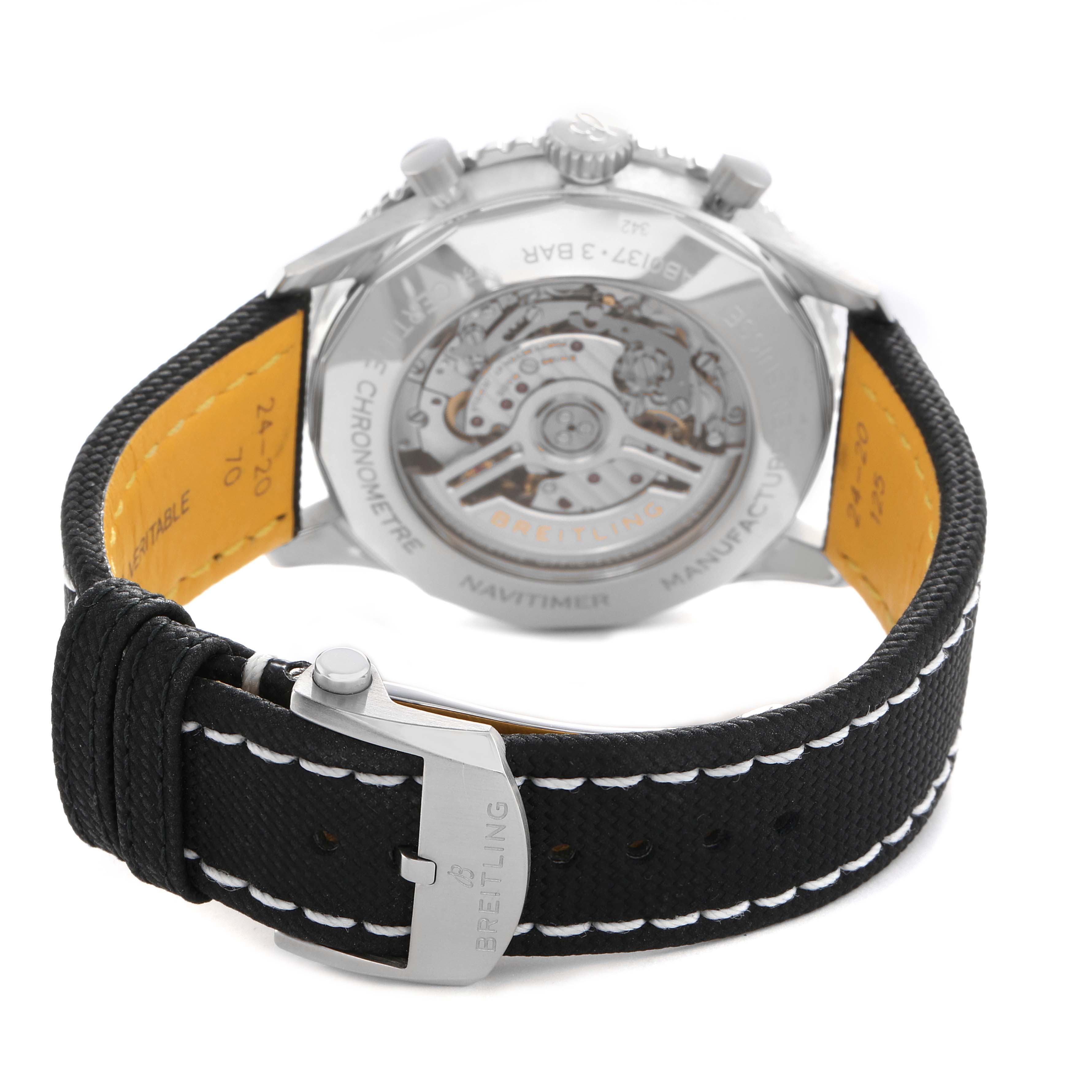 The Breitling Navitimer AB0137 Men's Stainless Steel Green Dial watch is shown from the back, highlighting the transparent case back and visible movement, with a focus on the strap and buckle.