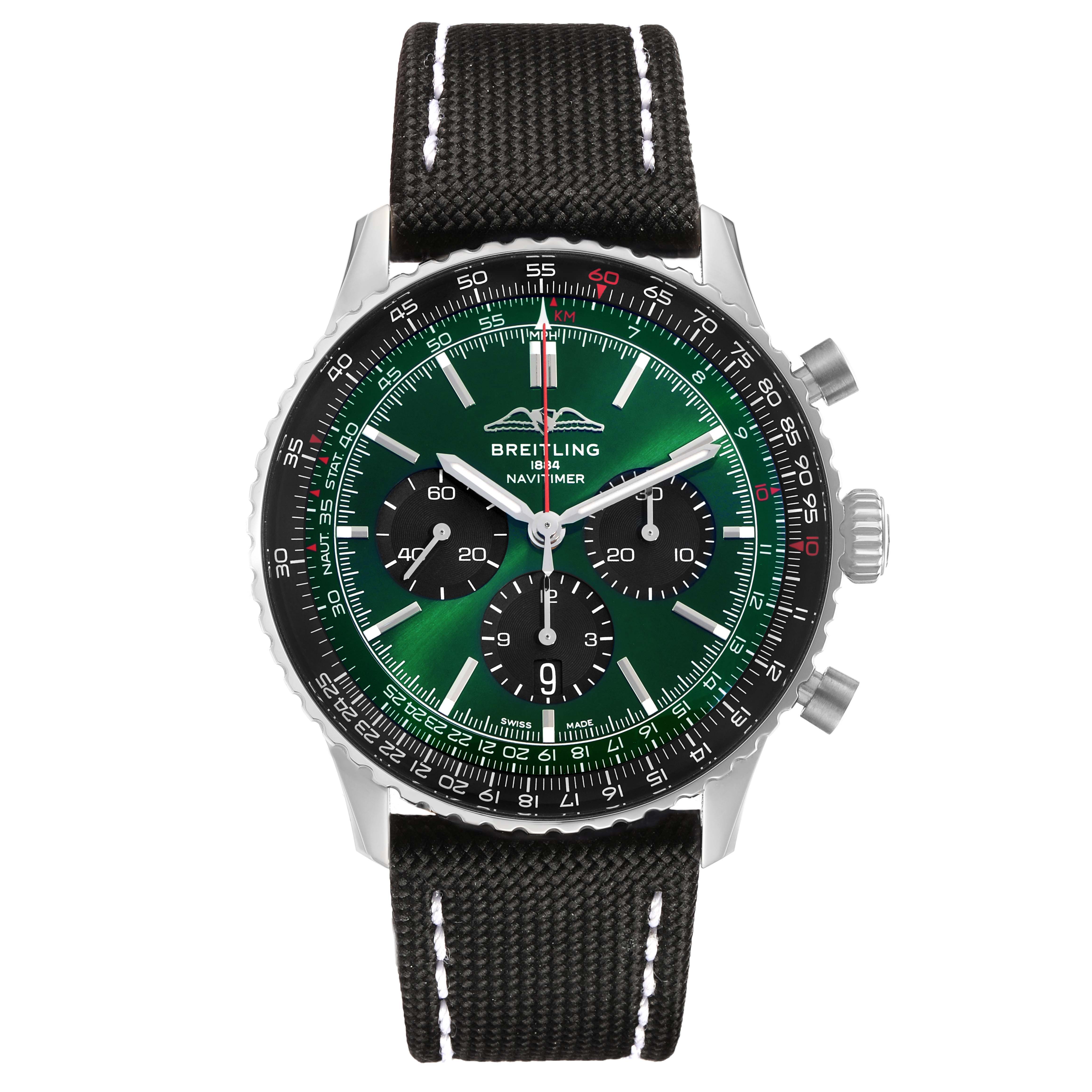 The Breitling Navitimer AB0137 Men's Stainless Steel Green Dial watch is shown from the front, displaying the dial, bezel, pushers, crown, and strap.