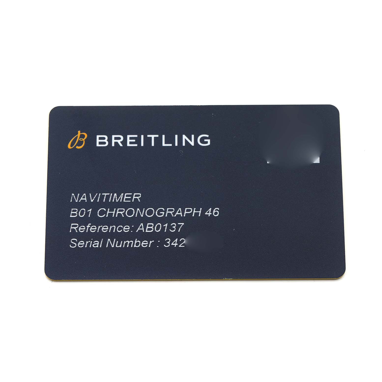 The image shows a warranty card for the Breitling Navitimer AB0137 Men's Stainless Steel Green Dial B01 Chronograph 46.