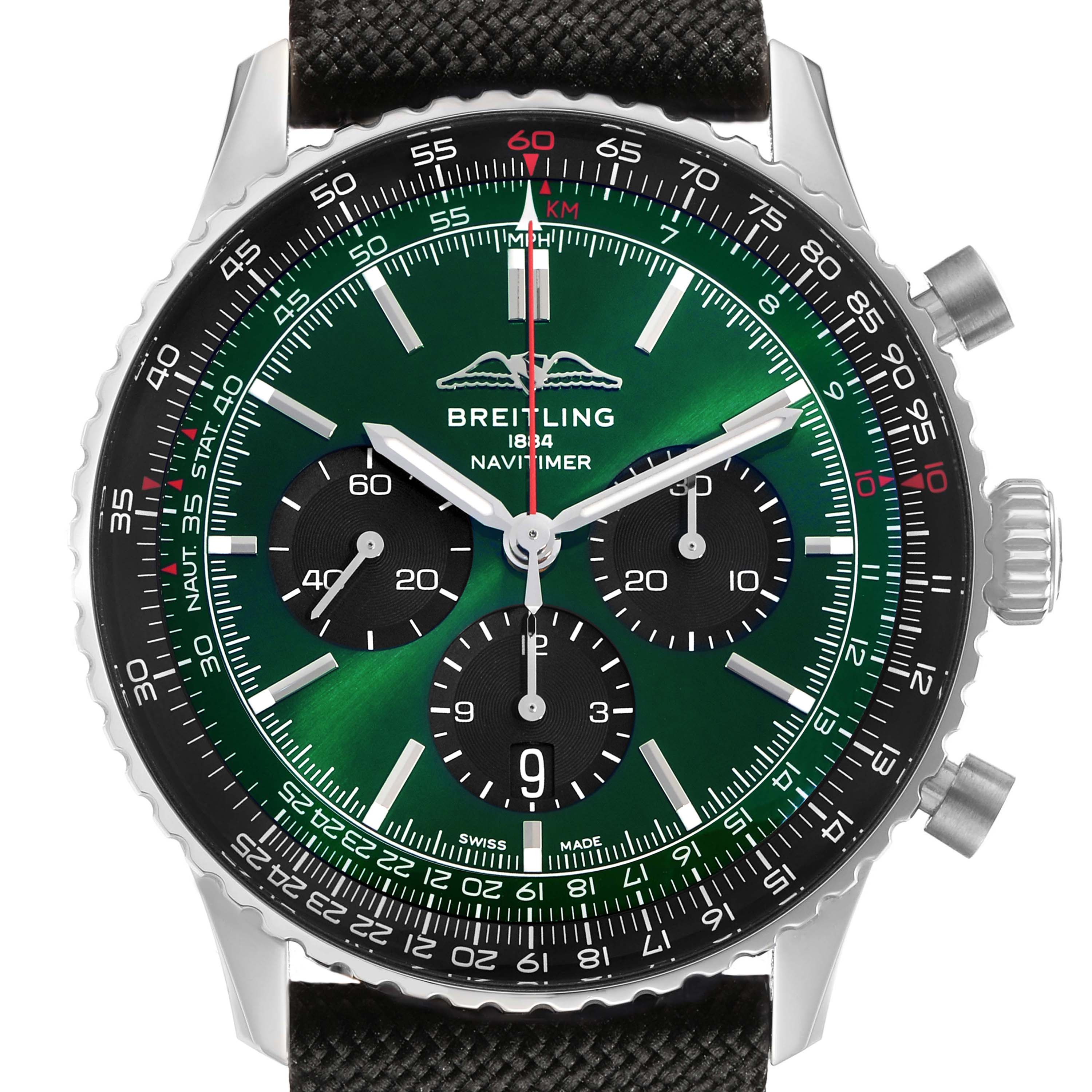 The Breitling Navitimer AB0137 Men's Stainless Steel Green Dial watch is shown from the front, displaying the dial, bezel, and crown clearly.