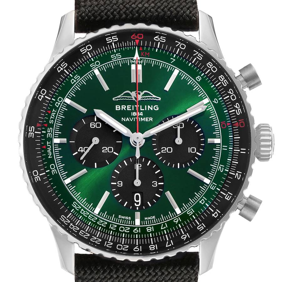 The Breitling Navitimer AB0137 Men's Stainless Steel Green Dial watch is shown from the front, displaying the dial, bezel, and crown clearly.