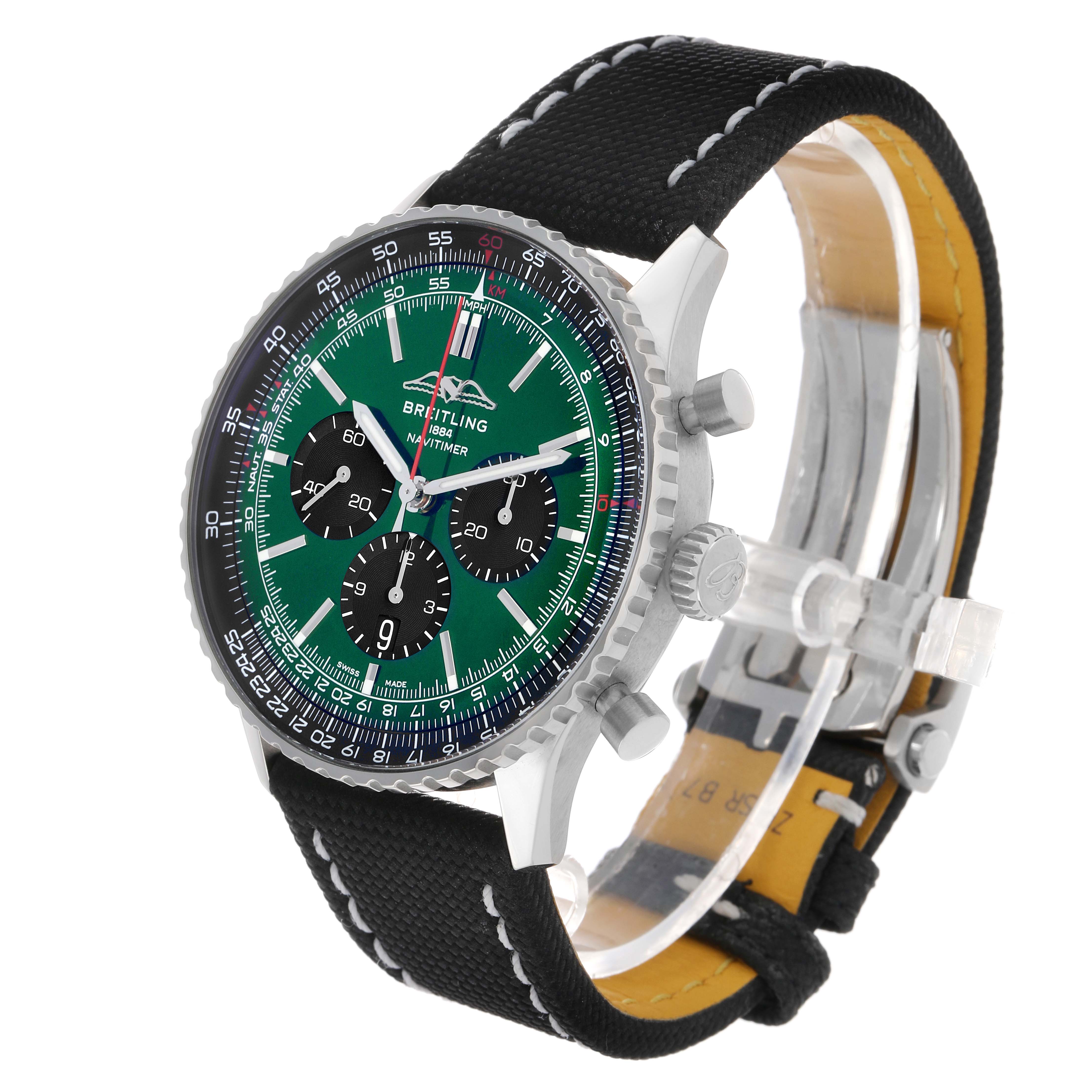 The Breitling Navitimer AB0137 Men's Stainless Steel Green Dial watch is shown at an angled close-up, highlighting the face, bezel, crown, pushers, and strap.