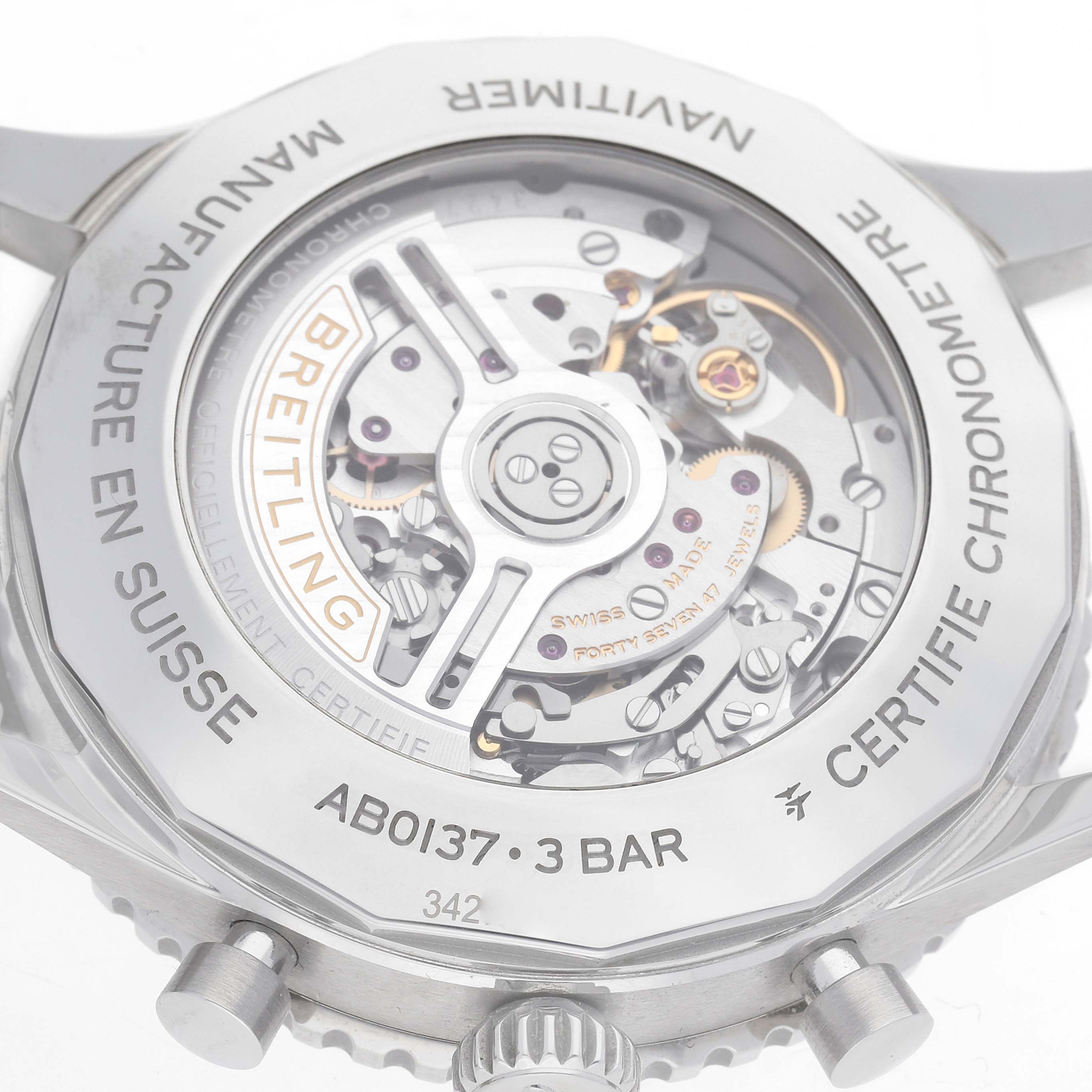 The image shows the back of a Breitling Navitimer AB0137 Men's Stainless Steel Green Dial watch displaying the movement through a transparent case back.