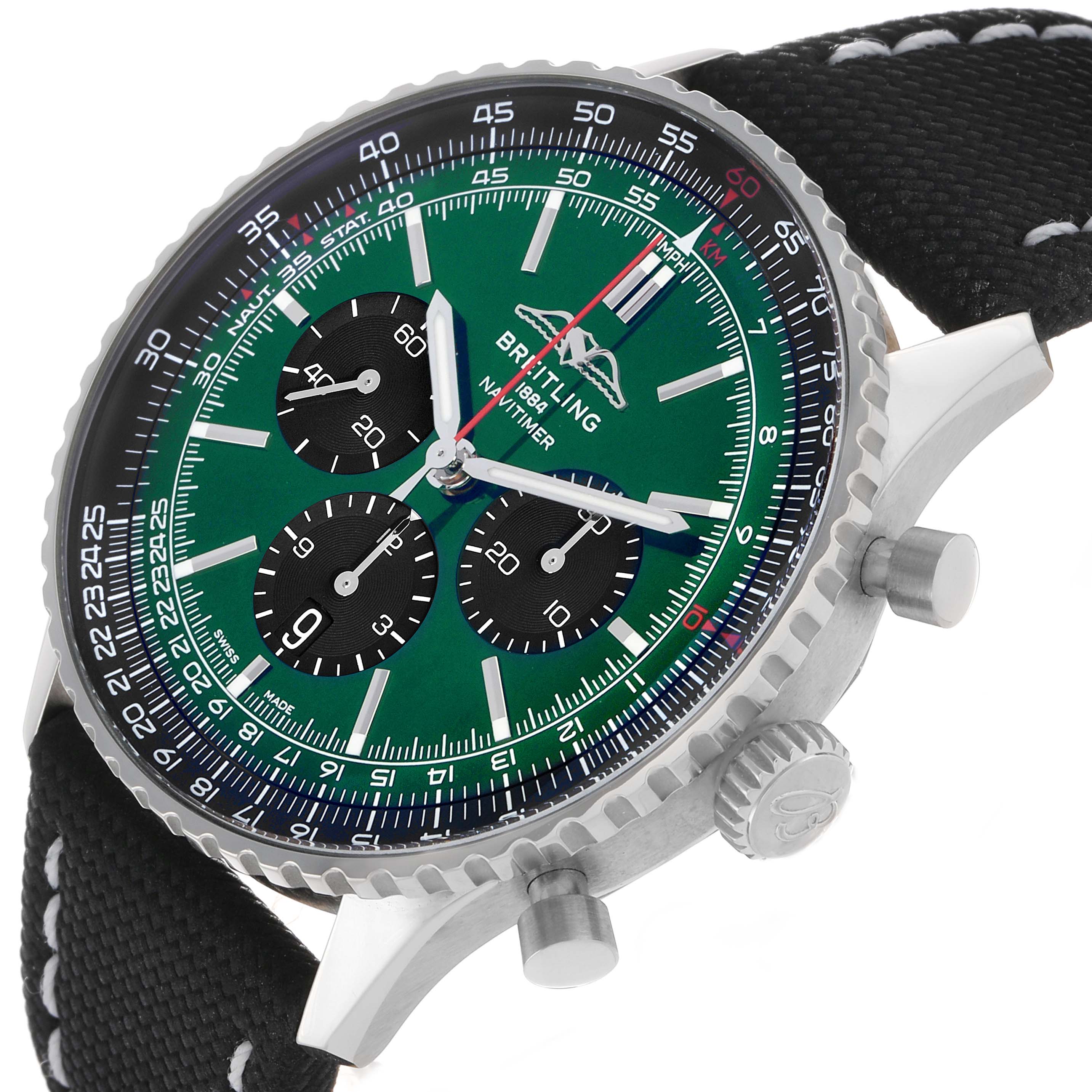 The Breitling Navitimer AB0137 Men's Stainless Steel Green Dial watch is shown at an angle highlighting the green dial, subdials, bezel, pushers, crown, and strap.