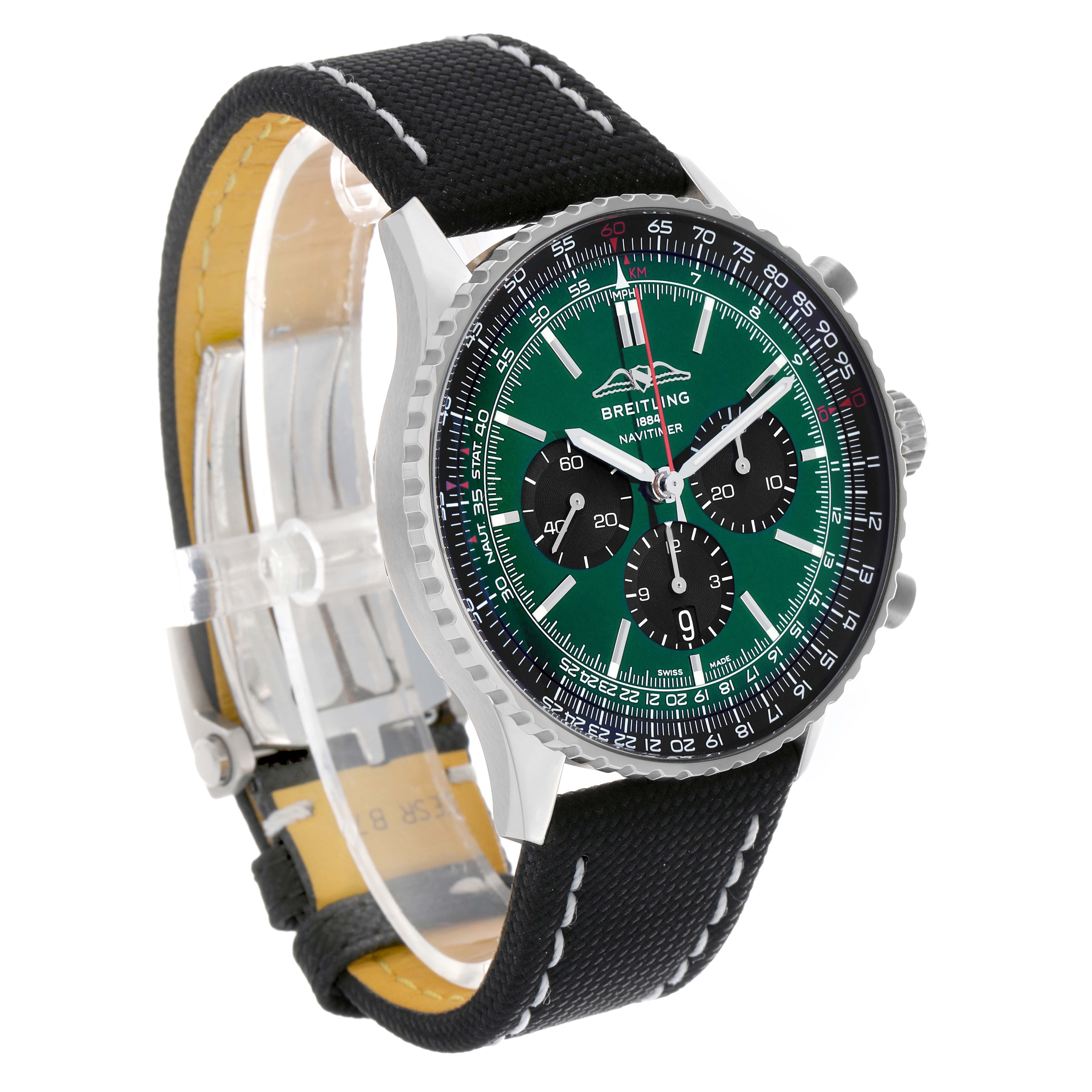 The Breitling Navitimer AB0137 Men's Stainless Steel Green Dial watch is shown at a three-quarter angle, highlighting the green dial, chronograph subdials, and black strap.