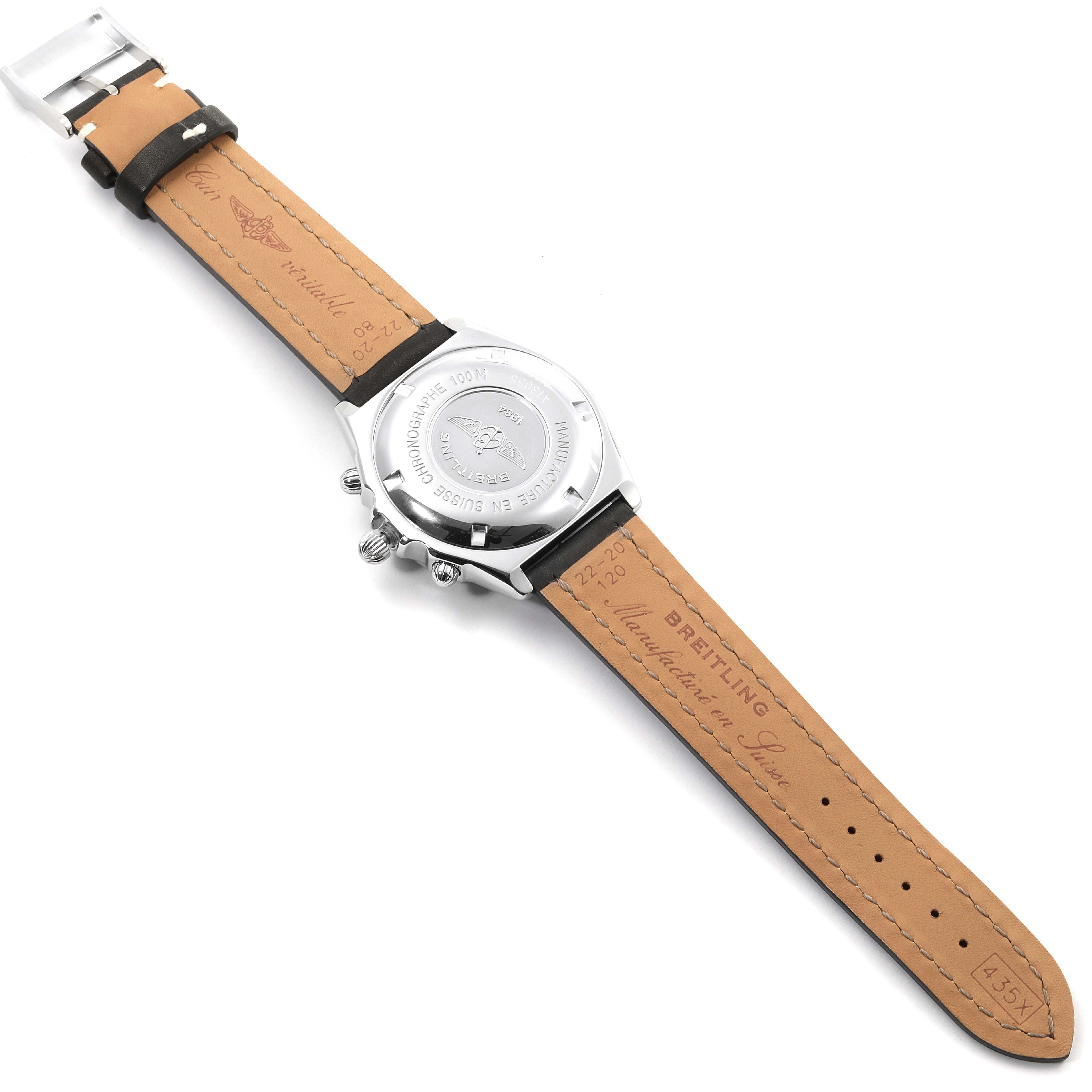 The image shows the back case and leather strap of the Breitling Chronomat A13055 Men
s Stainless Steel Silver Dial A13055 Men
s Stainless Steel Silver Dial watch from a top-down angle.