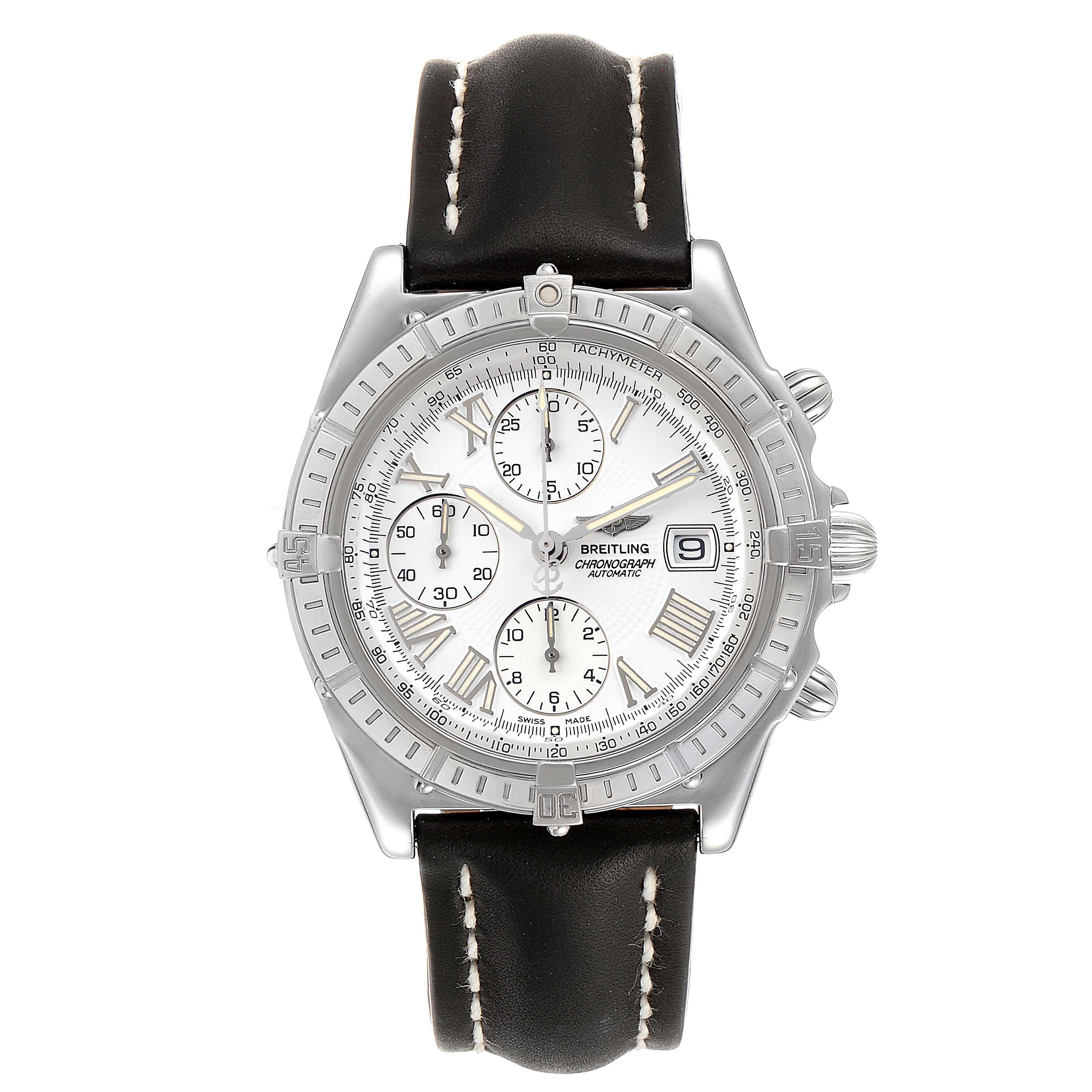 This image shows a front view of a Breitling Chronomat A13055 Men
s Stainless Steel Silver Dial A13055 Men
s Stainless Steel Silver Dial watch with its silver dial, chronograph features, and black leather strap.