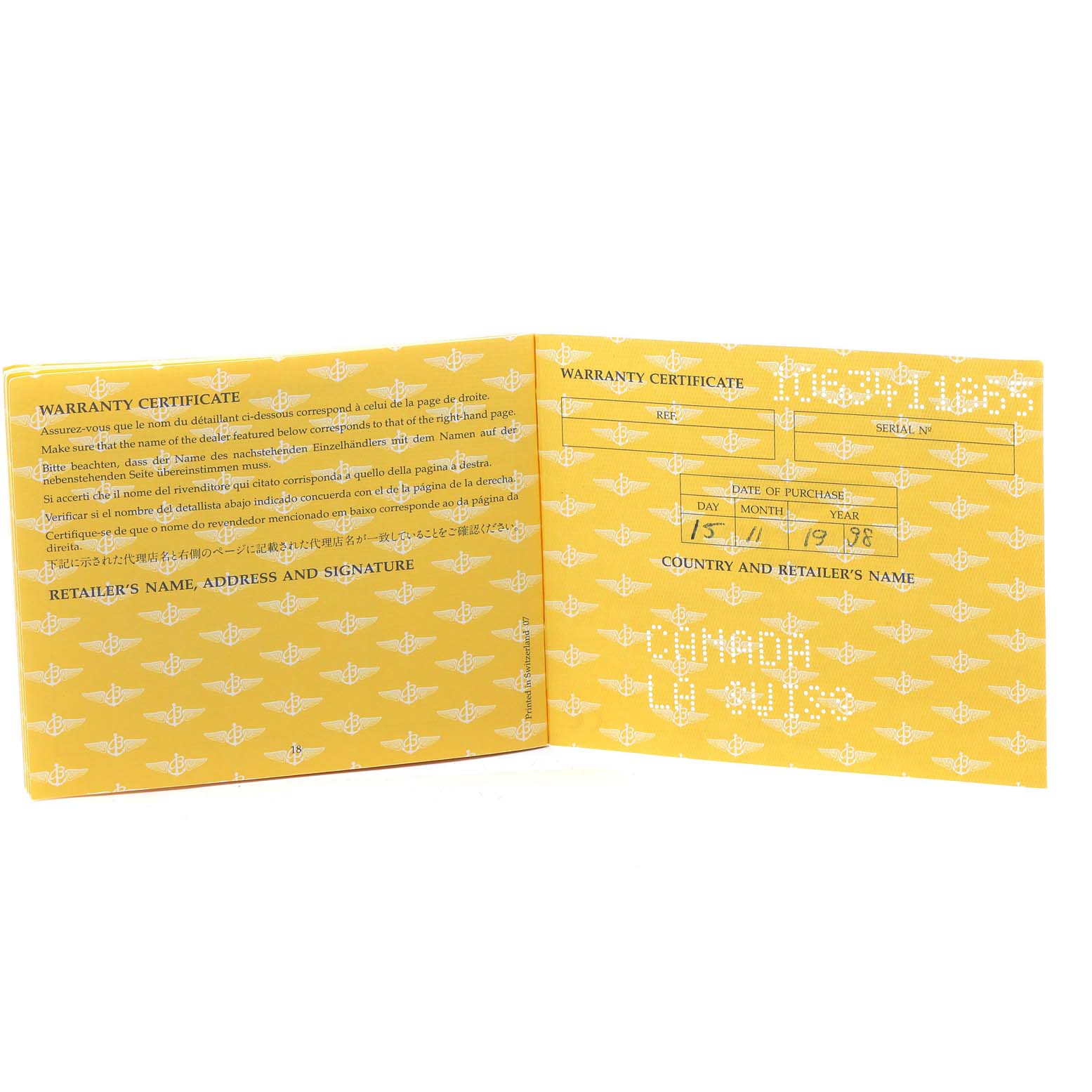 The image shows an open warranty certificate booklet for a Breitling Chronomat A13055 Men
s Stainless Steel Silver Dial A13055 Men
s Stainless Steel Silver Dial watch, displaying fields for purchase information and retailer details.