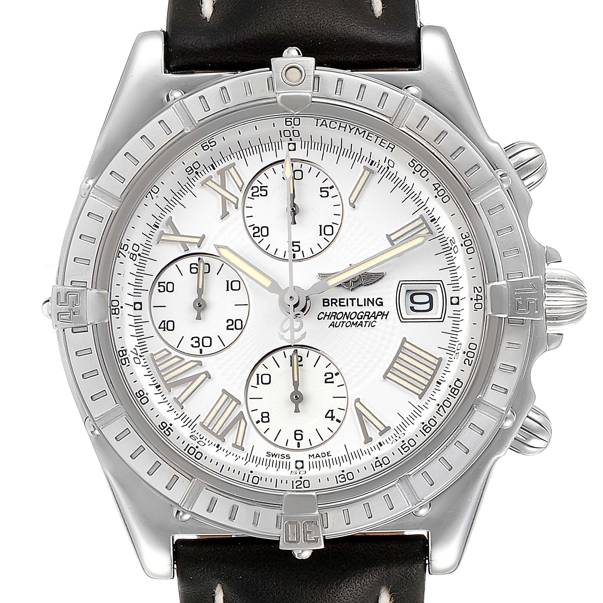 The image shows a front view of a Breitling Chronomat A13055 Men
s Stainless Steel Silver Dial A13055 Men
s Stainless Steel Silver Dial watch, highlighting the dial, chronograph subdials, bezel, and date window.