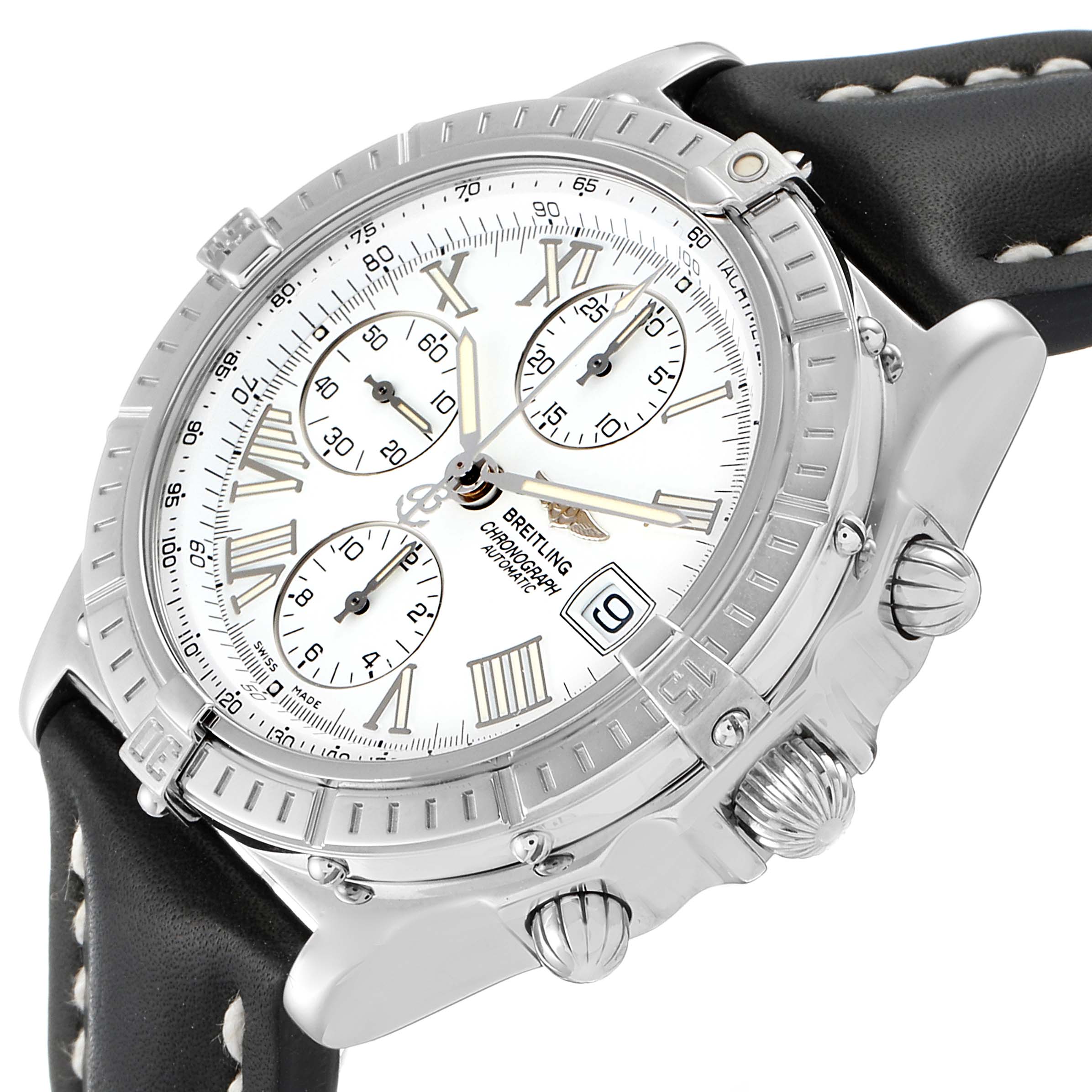 The Breitling Chronomat A13055 Men
s Stainless Steel Silver Dial A13055 Men
s Stainless Steel Silver Dial watch is shown at a slight side angle, highlighting the crown, pushers, and black leather strap.