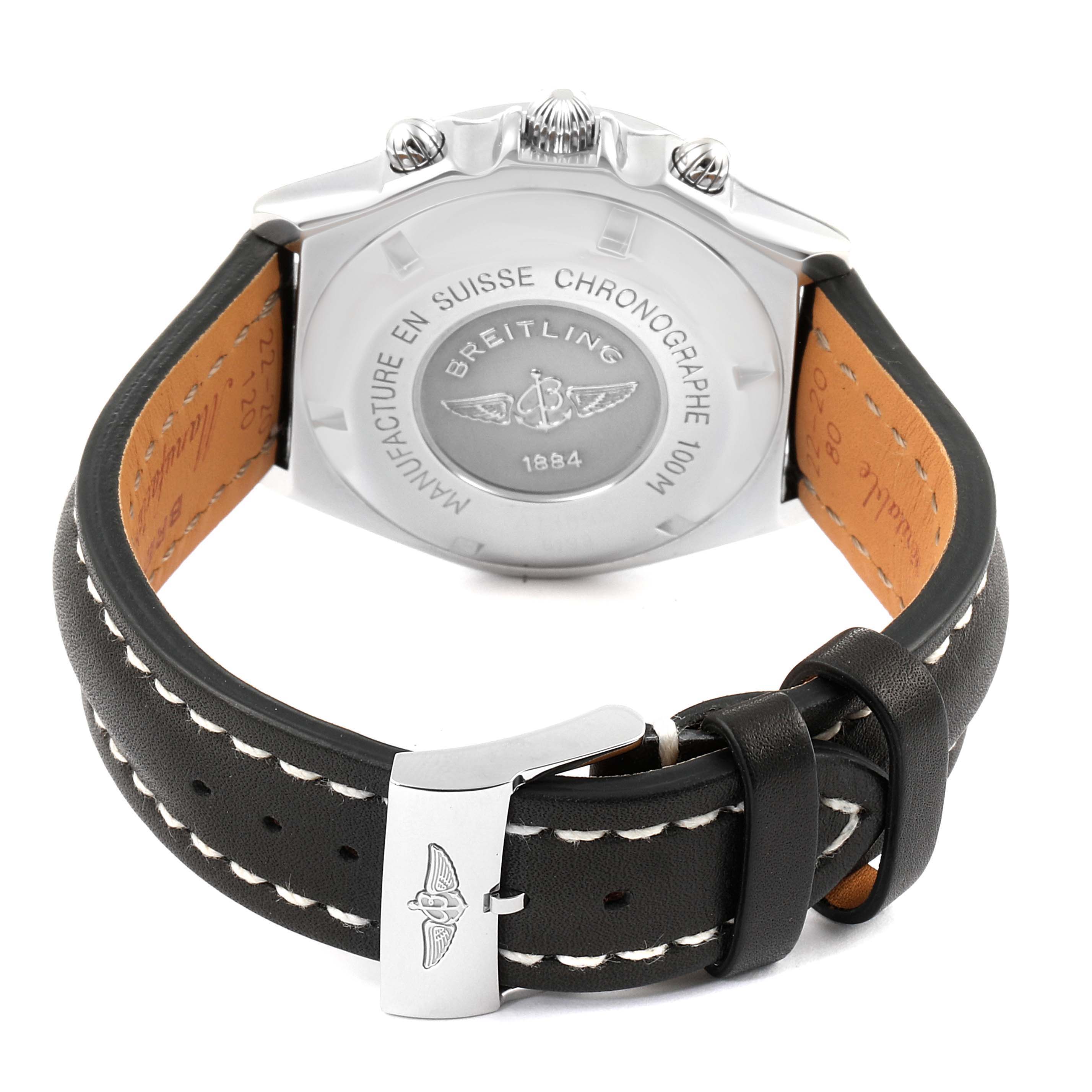 The image shows the back view of a Breitling Chronomat A13055 Men
s Stainless Steel Silver Dial A13055 Men
s Stainless Steel Silver Dial watch, clearly displaying the case back and leather strap.